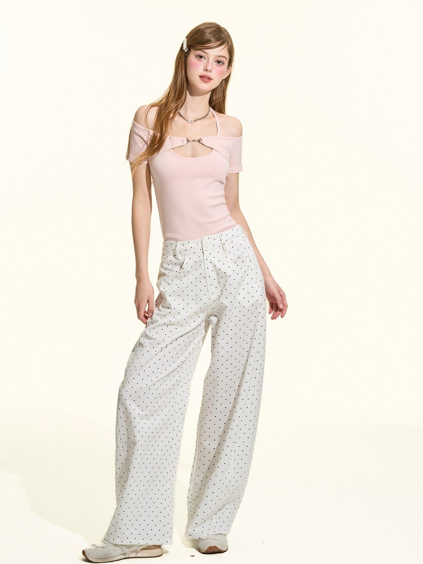 Girly Fancy Club Pink Metal Buckle Tie Halter Slim Women's Lycra Cotton Off-shoulder T-shirts