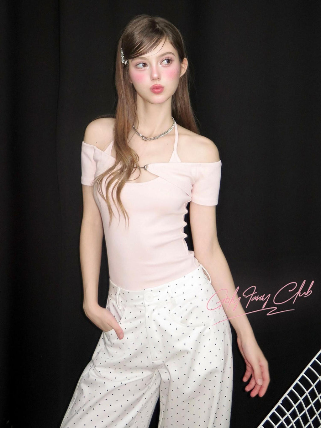 Girly Fancy Club Pink Metal Buckle Tie Halter Slim Women's Lycra Cotton Off-shoulder T-shirts
