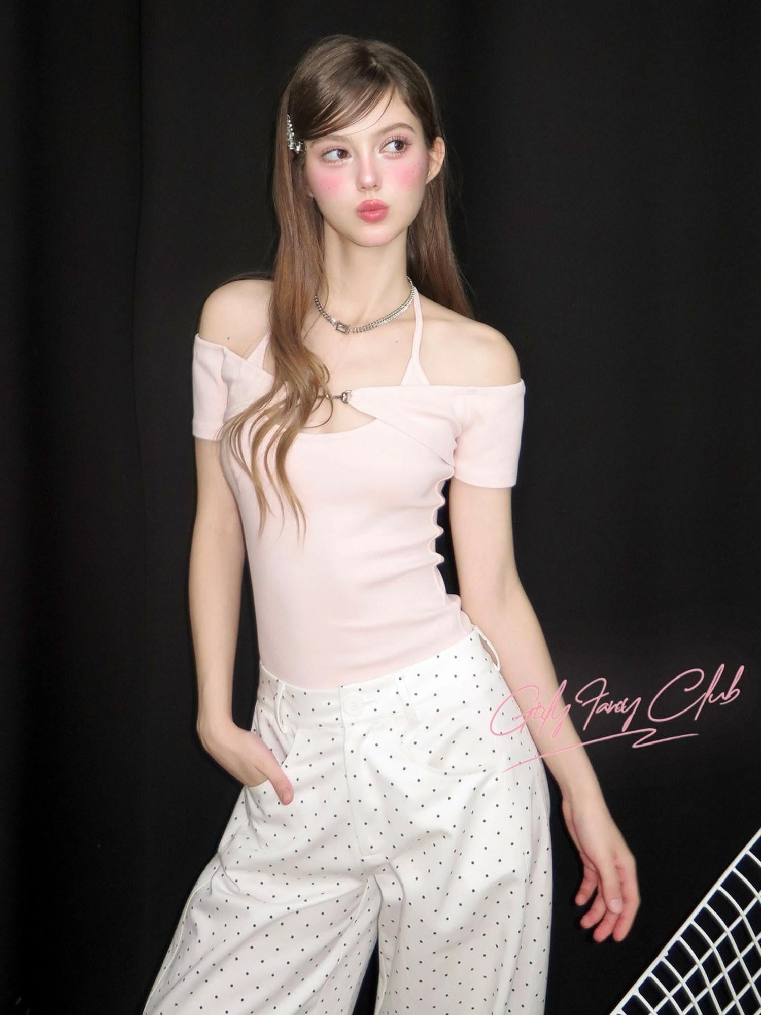Girly Fancy Club Pink Metal Buckle Tie Halter Slim Women's Lycra Cotton Off-shoulder T-shirts