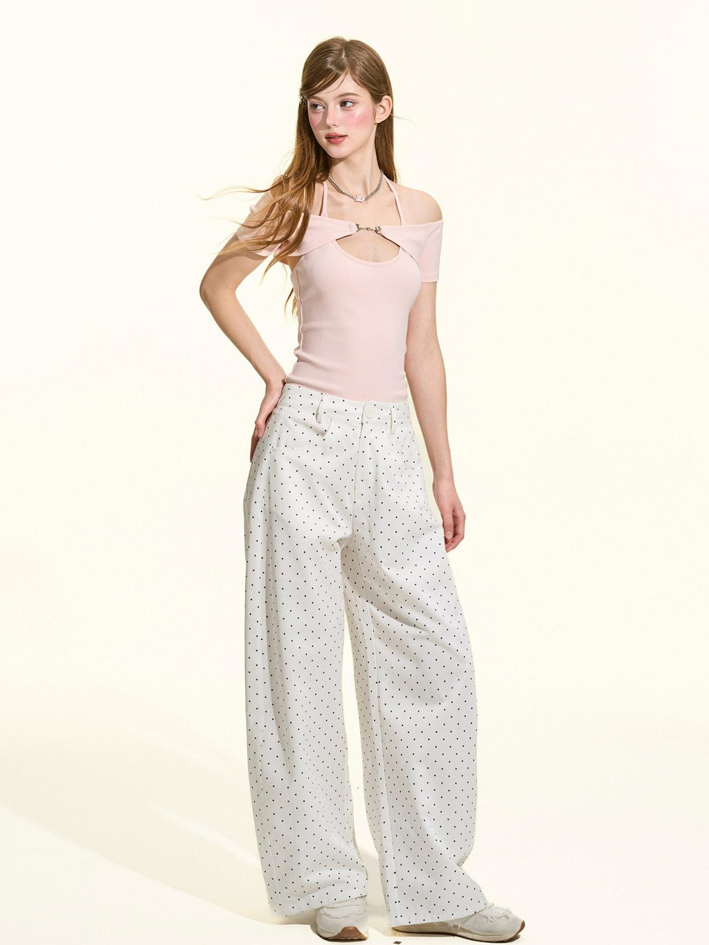 Girly Fancy Club Pink Metal Buckle Tie Halter Slim Women's Lycra Cotton Off-shoulder T-shirts