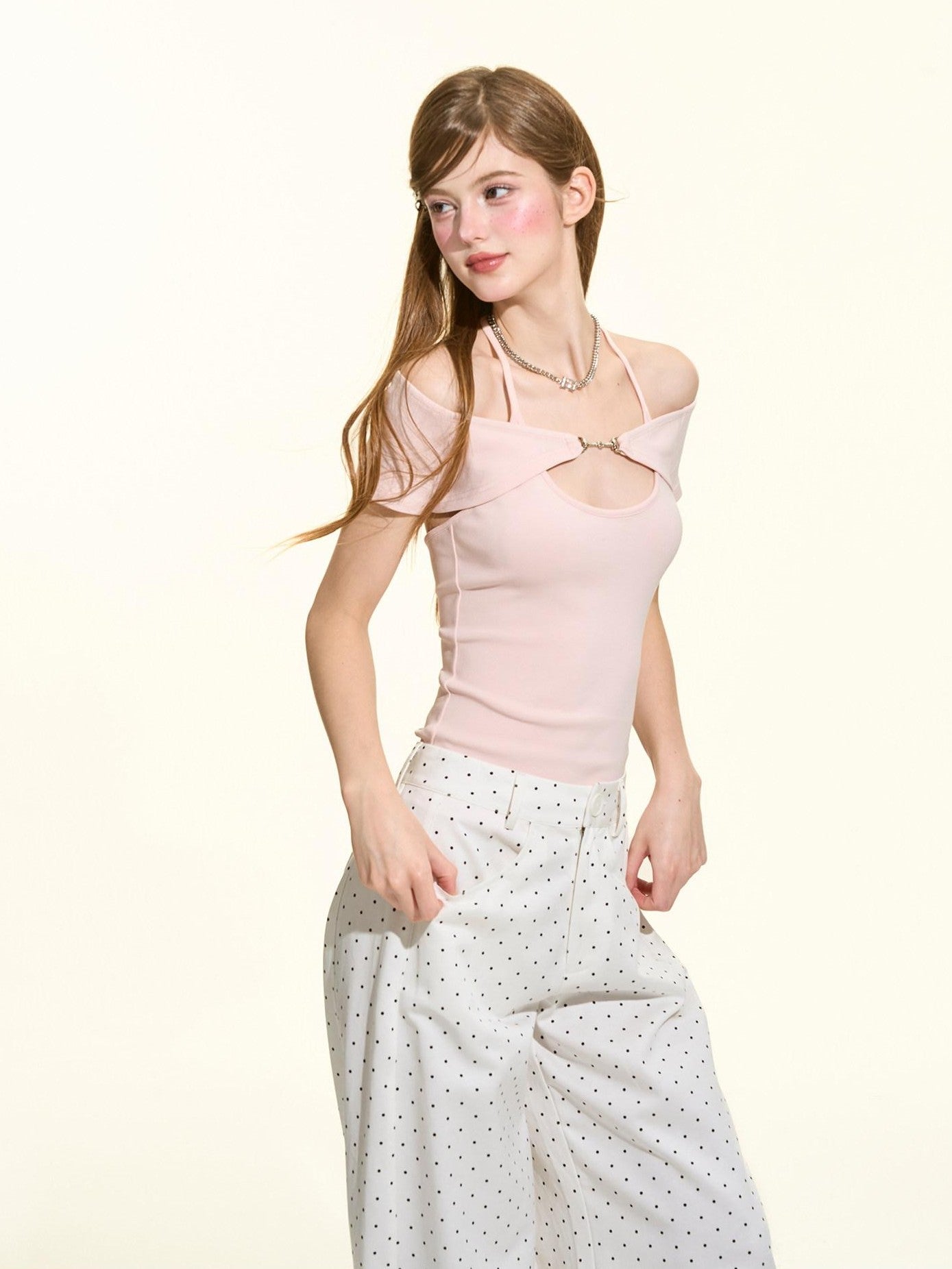 Girly Fancy Club Pink Metal Buckle Tie Halter Slim Women's Lycra Cotton Off-shoulder T-shirts