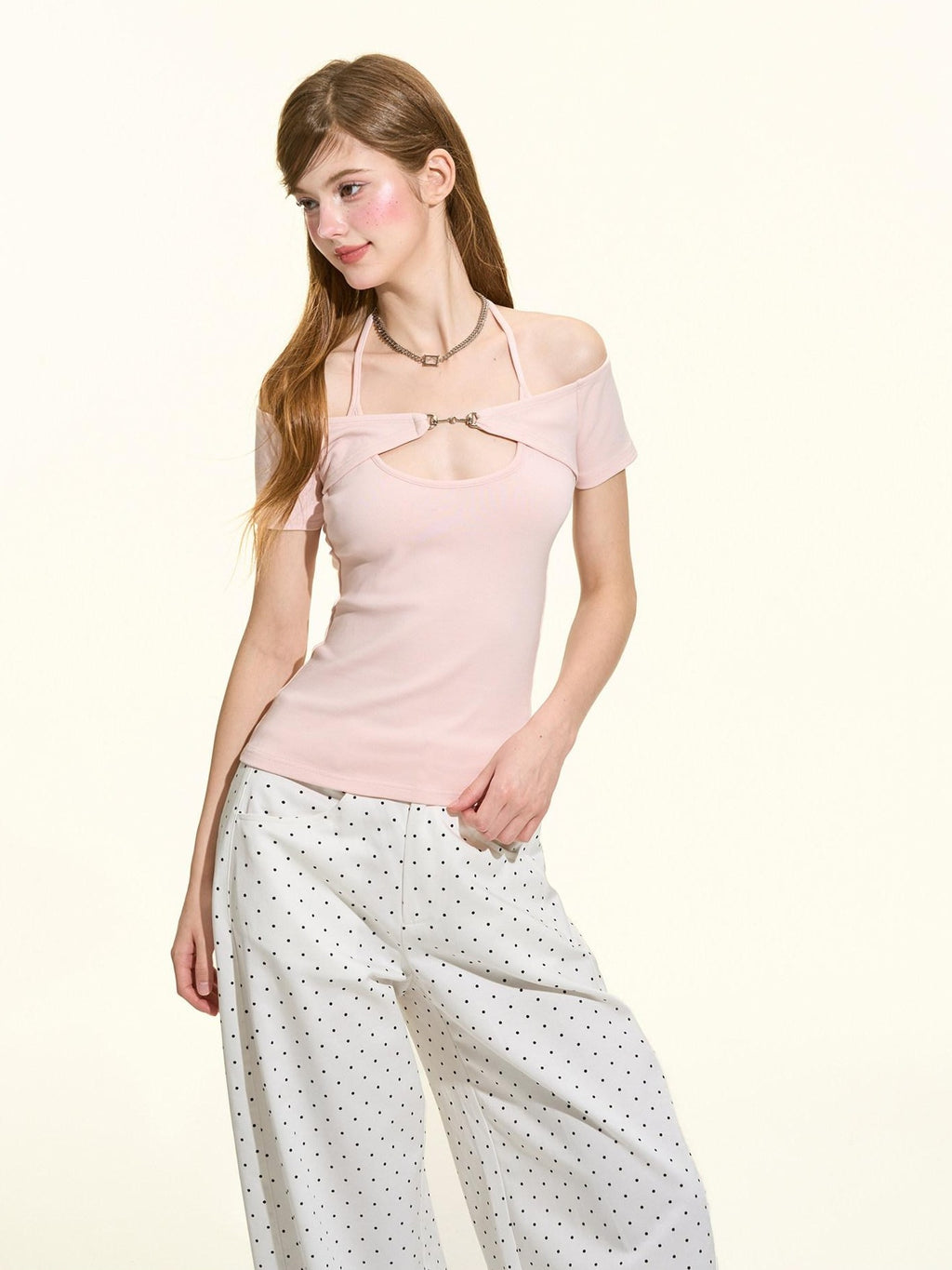 Girly Fancy Club Pink Metal Buckle Tie Halter Slim Women's Lycra Cotton Off-shoulder T-shirts