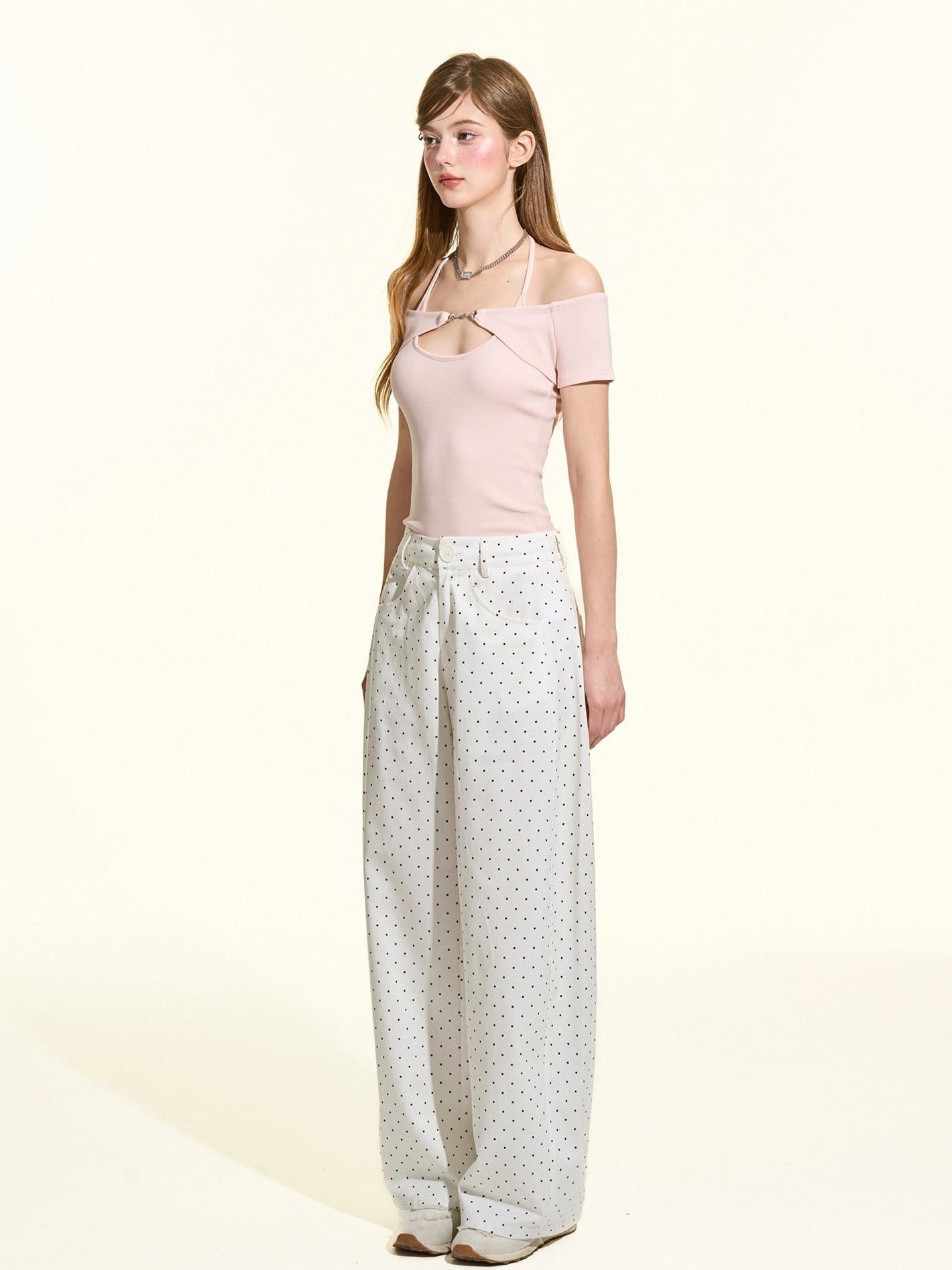 Girly Fancy Club Pink Metal Buckle Tie Halter Slim Women's Lycra Cotton Off-shoulder T-shirts