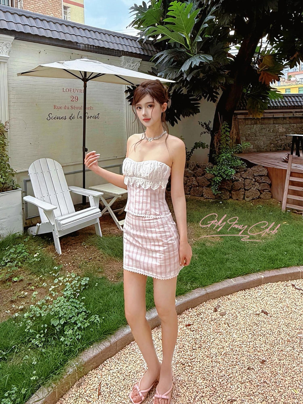Girly Fancy Club Pink Plaid Boned Bustier Waist Cinched Lace Women's Cotton Matching Skirt Sets
