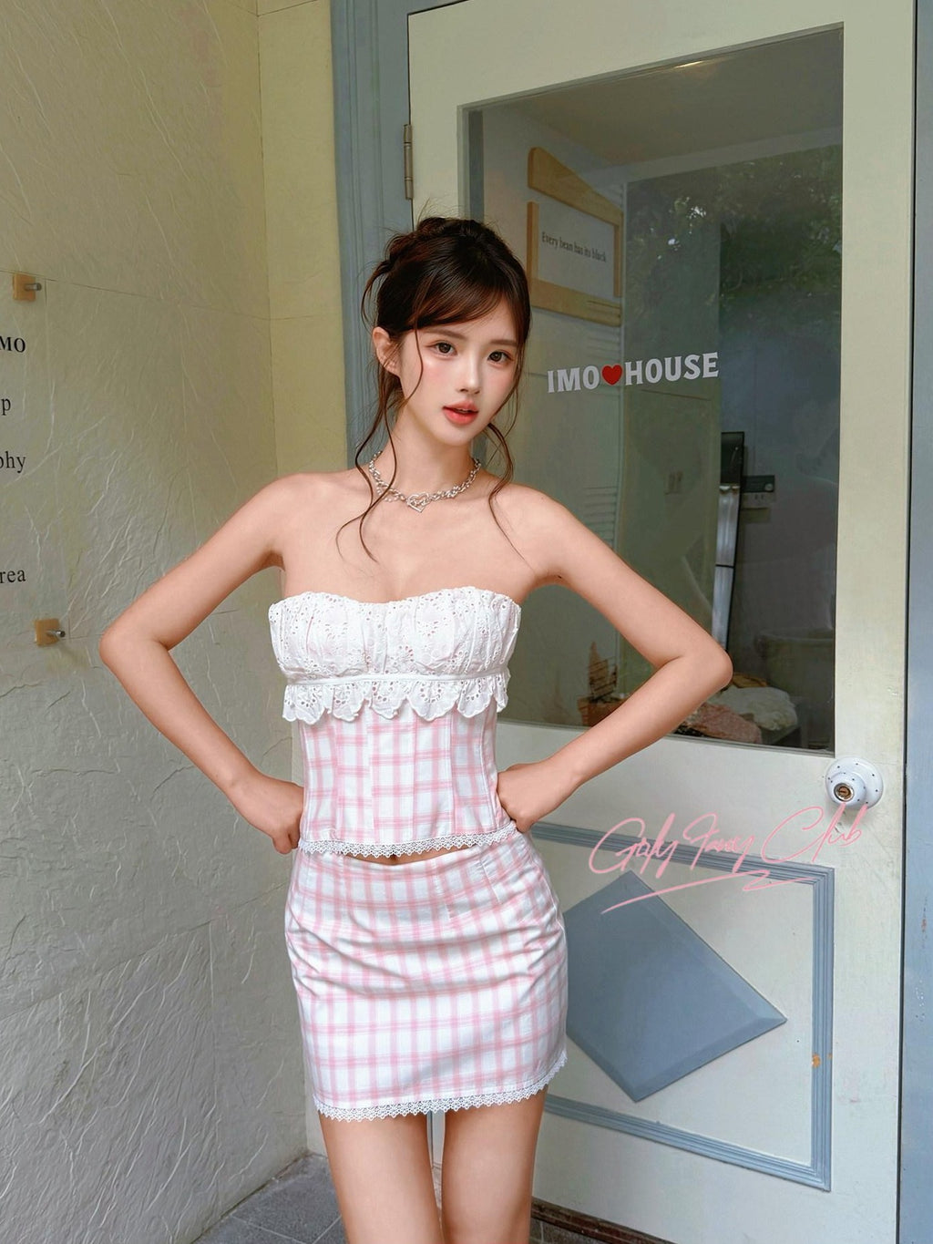 Girly Fancy Club Pink Plaid Boned Bustier Waist Cinched Lace Women's Cotton Matching Skirt Sets