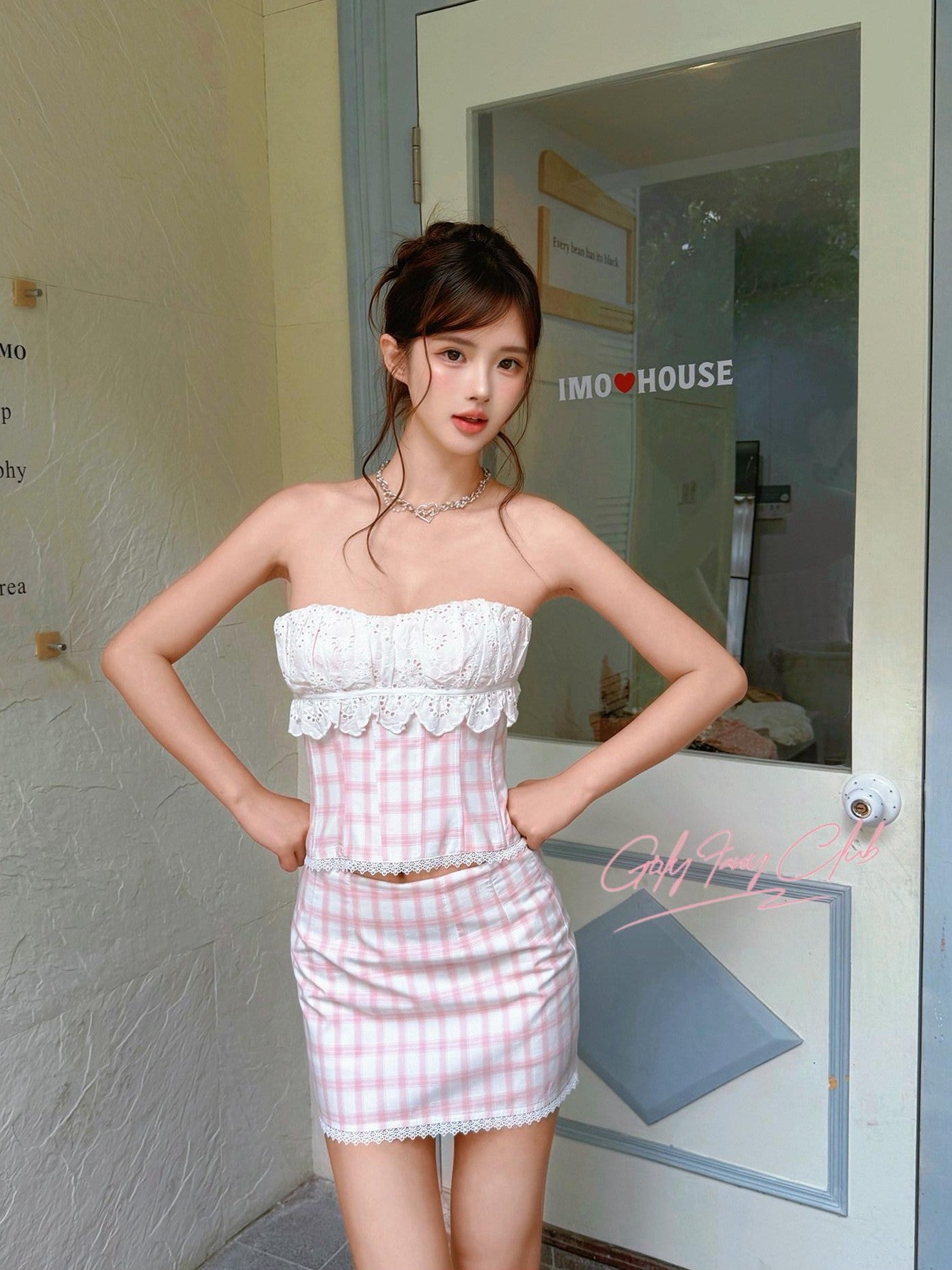 Girly Fancy Club Pink Plaid Boned Bustier Waist Cinched Lace Women's Cotton Matching Skirt Sets