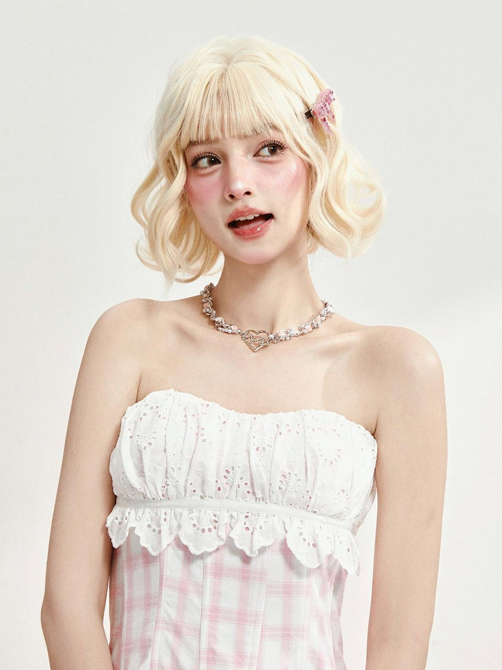 Girly Fancy Club Pink Plaid Boned Bustier Waist Cinched Lace Women's Cotton Matching Skirt Sets