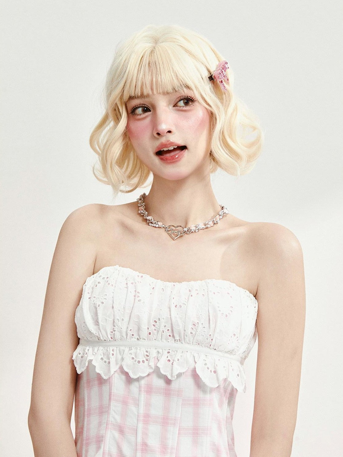 Girly Fancy Club Pink Plaid Boned Bustier Waist Cinched Lace Women's Cotton Matching Skirt Sets