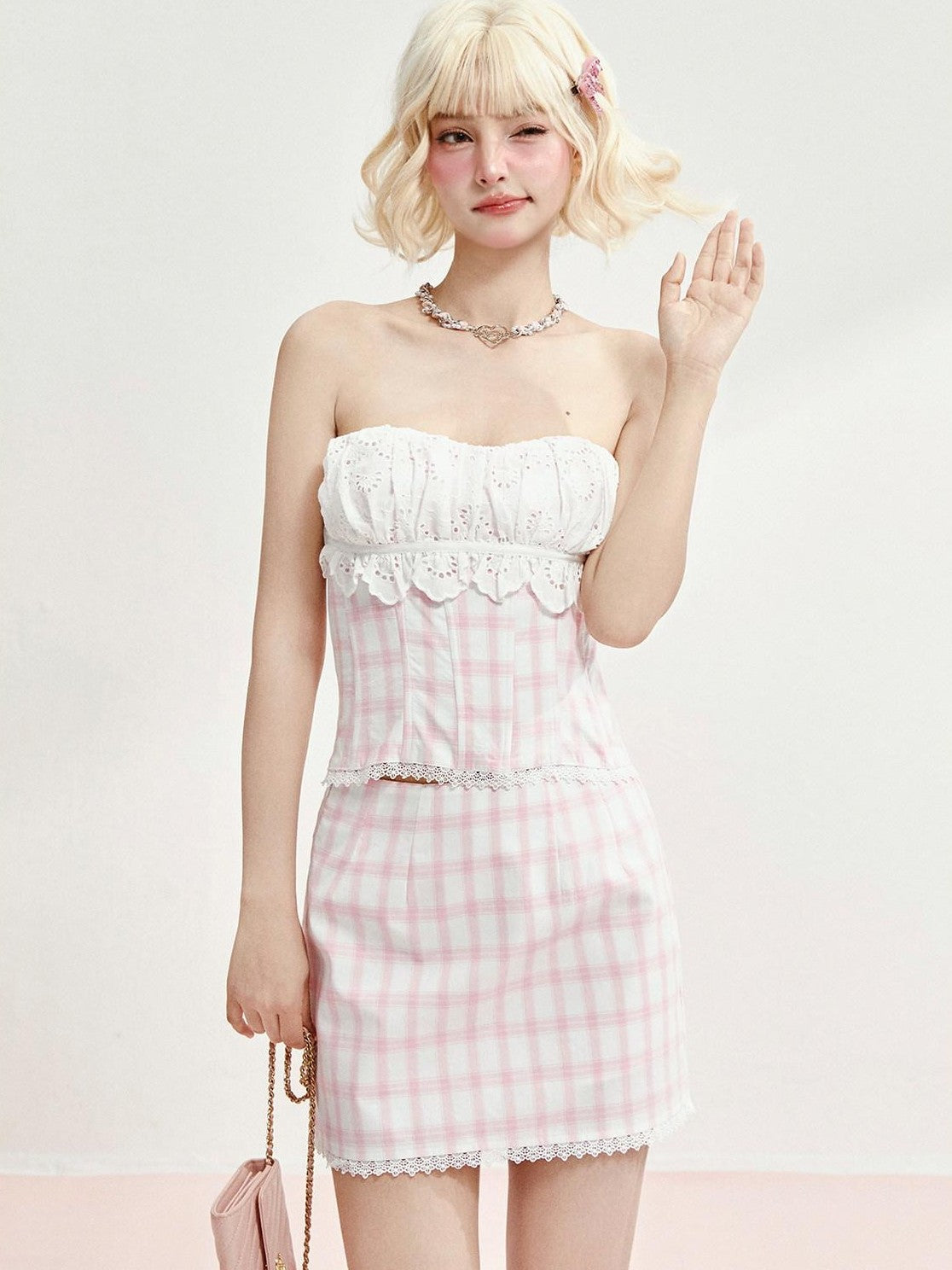 Girly Fancy Club Pink Plaid Boned Bustier Waist Cinched Lace Women's Cotton Matching Skirt Sets