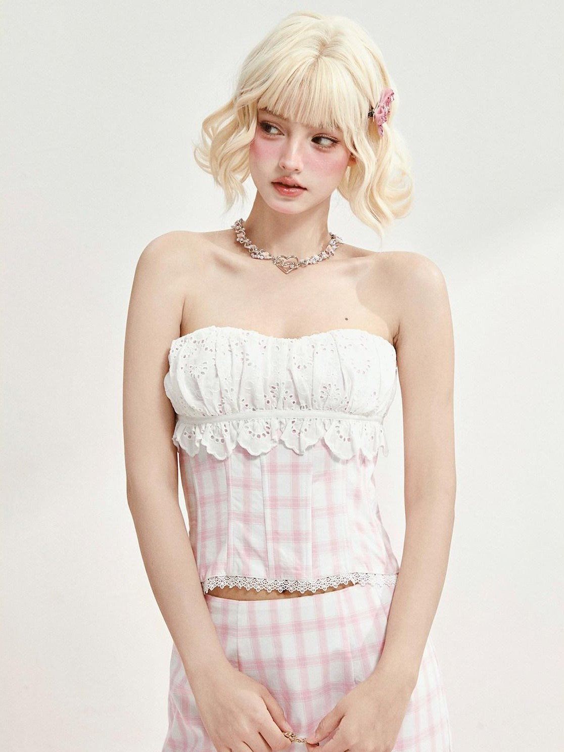 Girly Fancy Club Pink Plaid Boned Bustier Waist Cinched Lace Women's Cotton Matching Skirt Sets