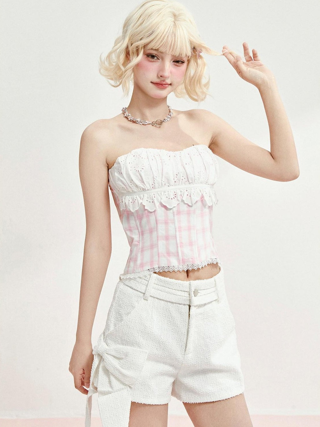 Girly Fancy Club Pink Plaid Boned Bustier Waist Cinched Lace Women's Cotton Matching Skirt Sets
