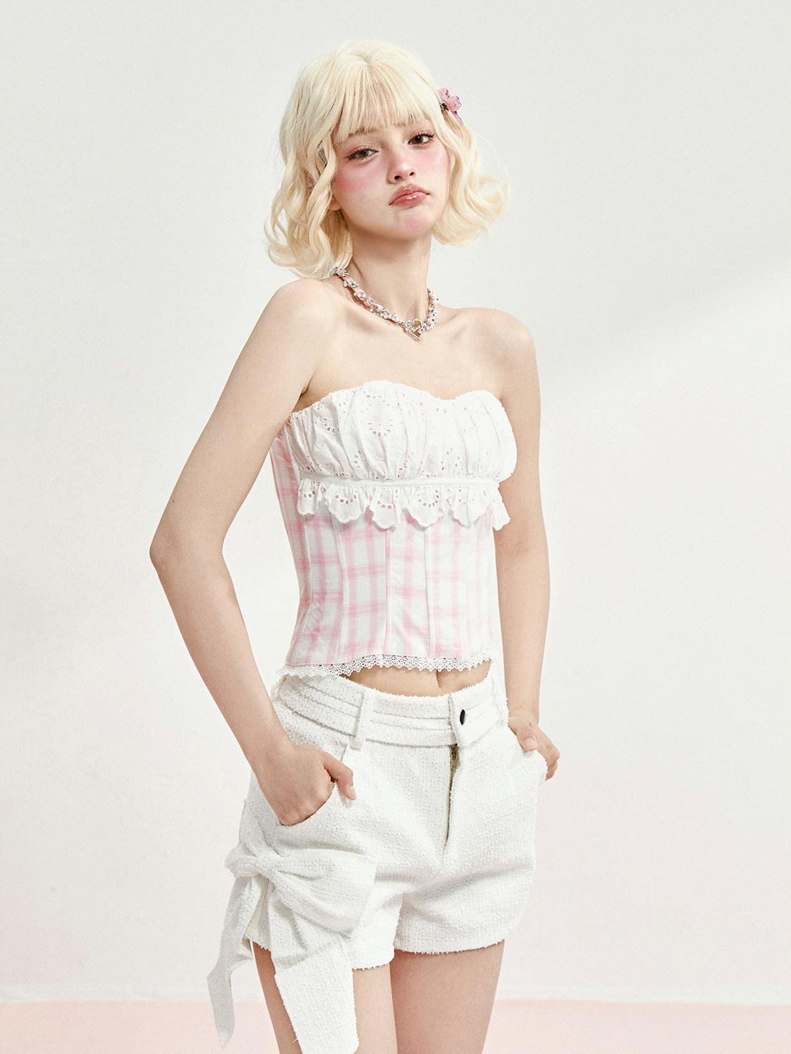 Girly Fancy Club Pink Plaid Boned Bustier Waist Cinched Lace Women's Cotton Matching Skirt Sets