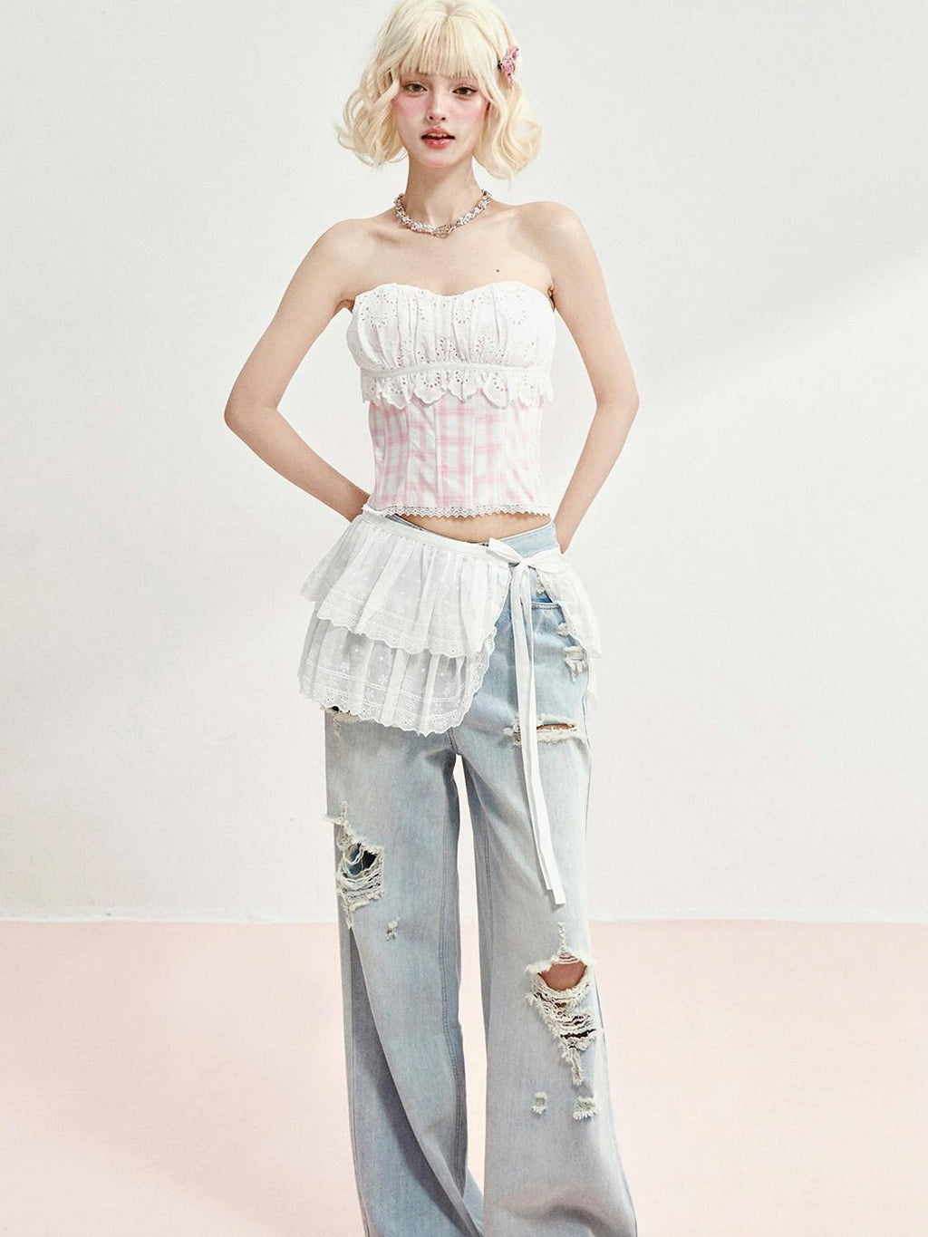 Girly Fancy Club Pink Plaid Boned Bustier Waist Cinched Lace Women's Cotton Matching Skirt Sets