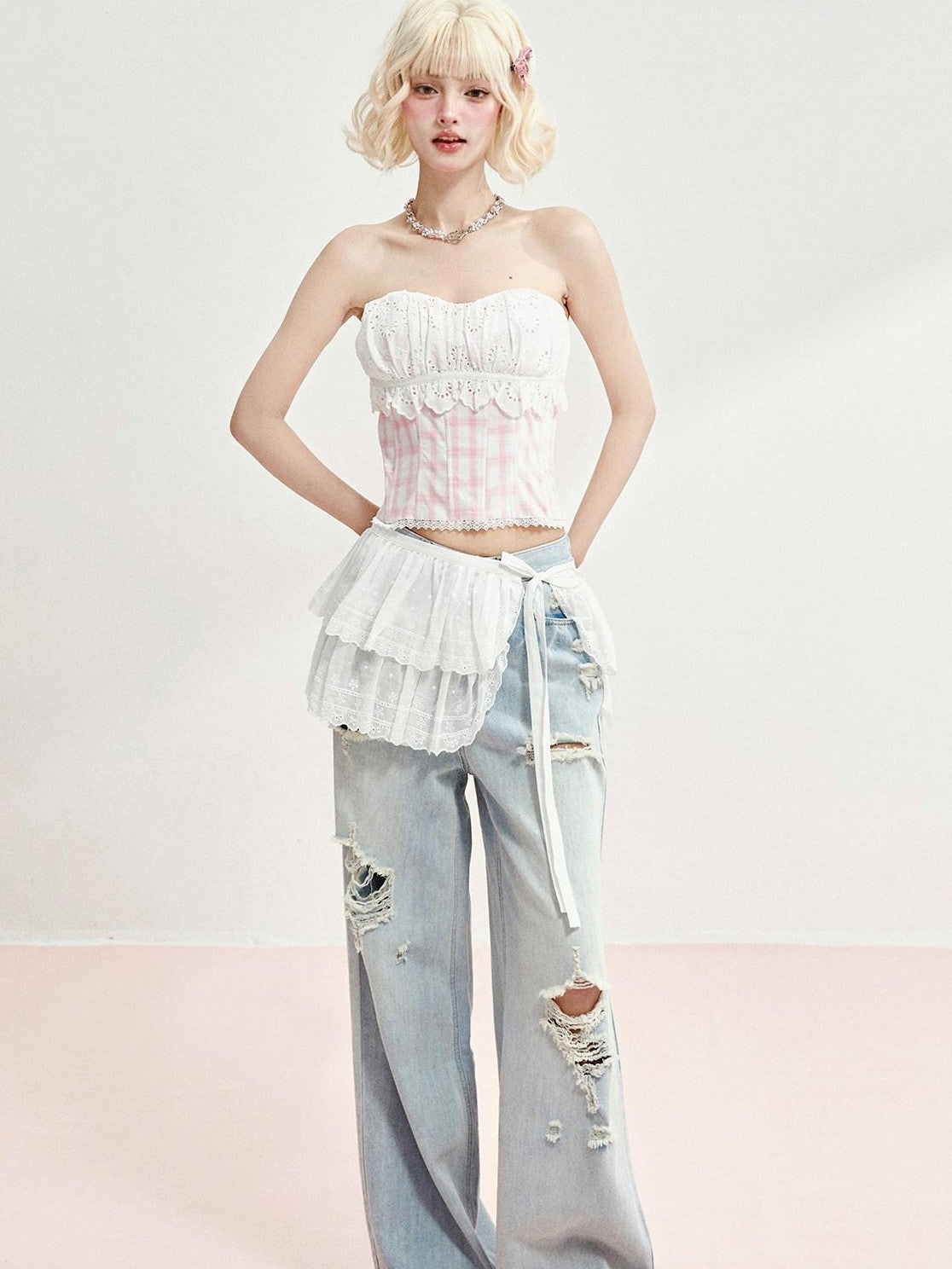 Girly Fancy Club Pink Plaid Boned Bustier Waist Cinched Lace Women's Cotton Matching Skirt Sets
