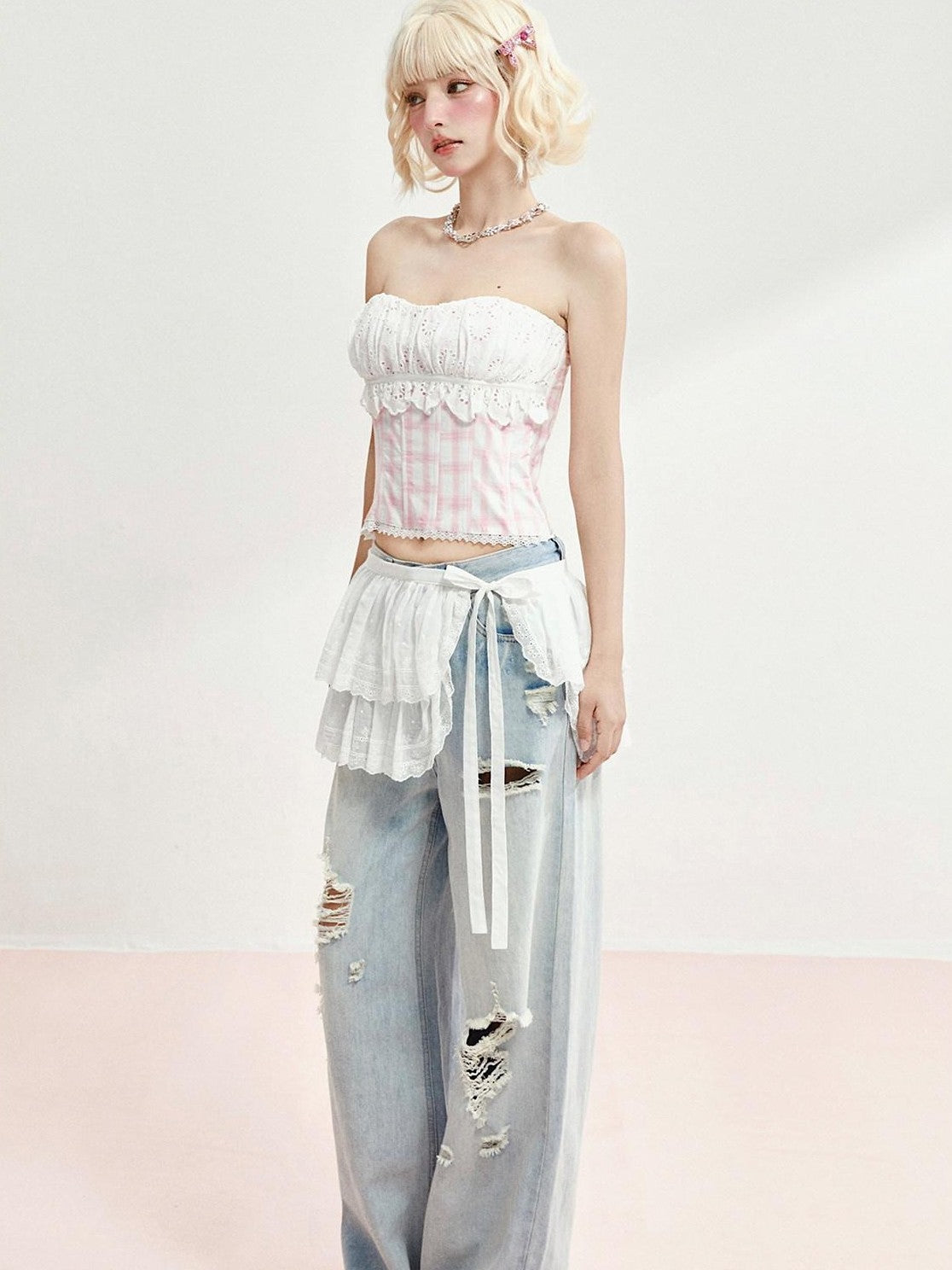 Girly Fancy Club Pink Plaid Boned Bustier Waist Cinched Lace Women's Cotton Matching Skirt Sets