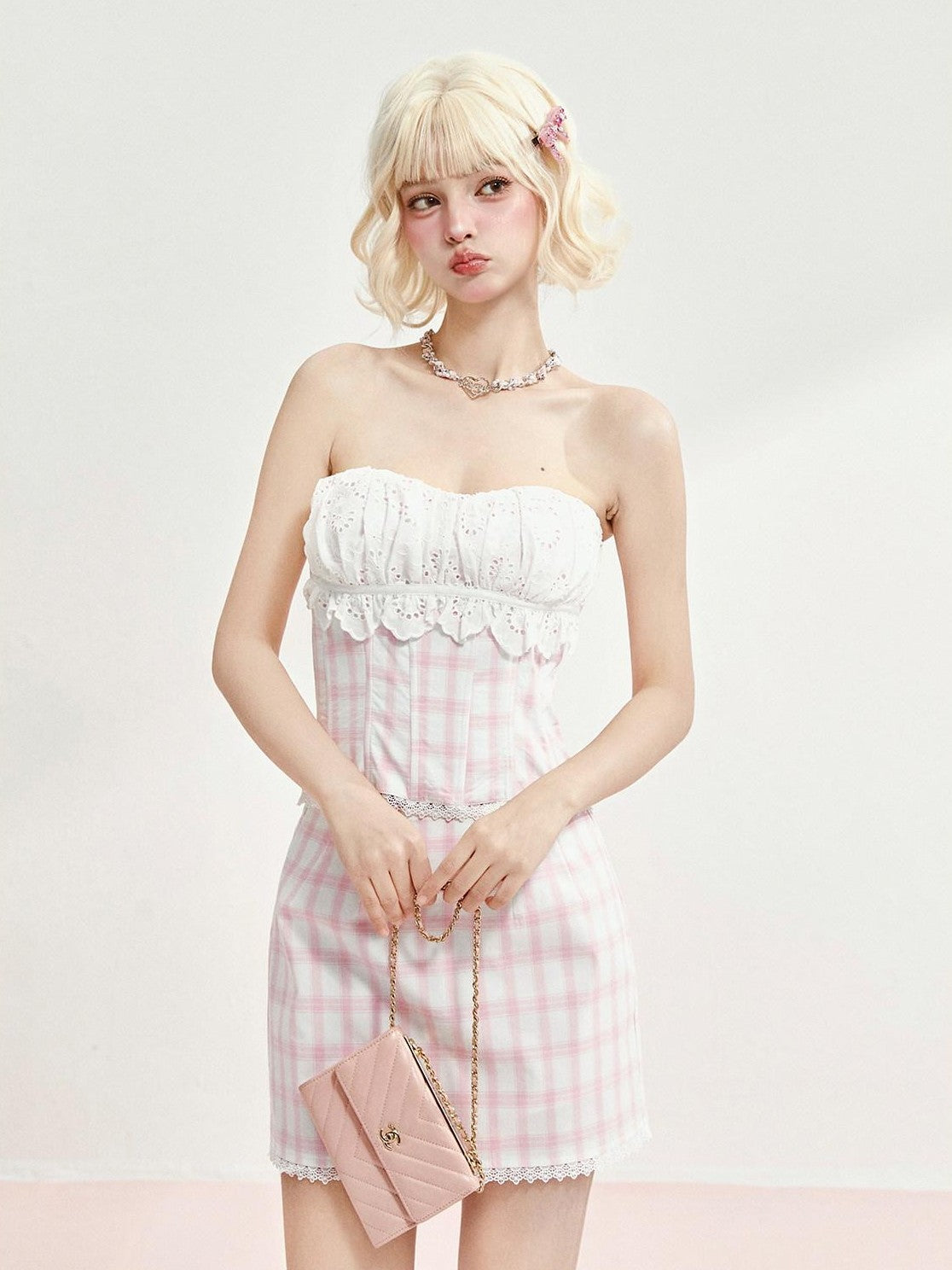 Girly Fancy Club Pink Plaid Boned Bustier Waist Cinched Lace Women's Cotton Matching Skirt Sets