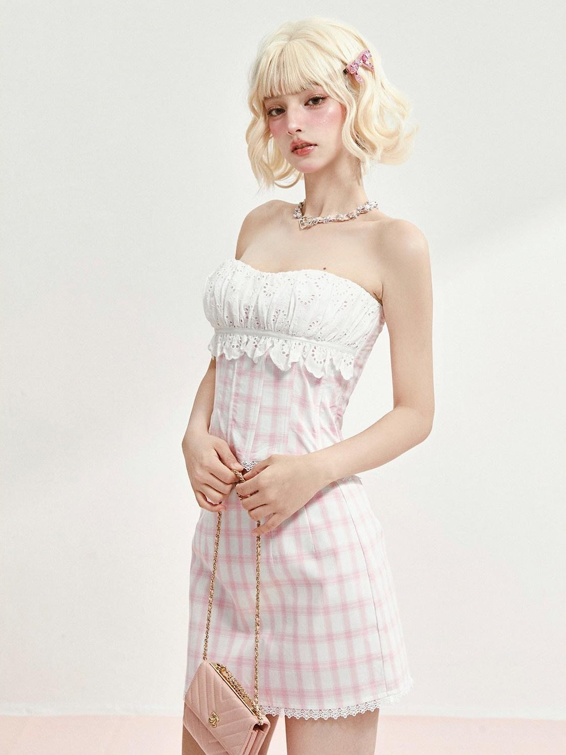 Girly Fancy Club Pink Plaid Boned Bustier Waist Cinched Lace Women's Cotton Matching Skirt Sets