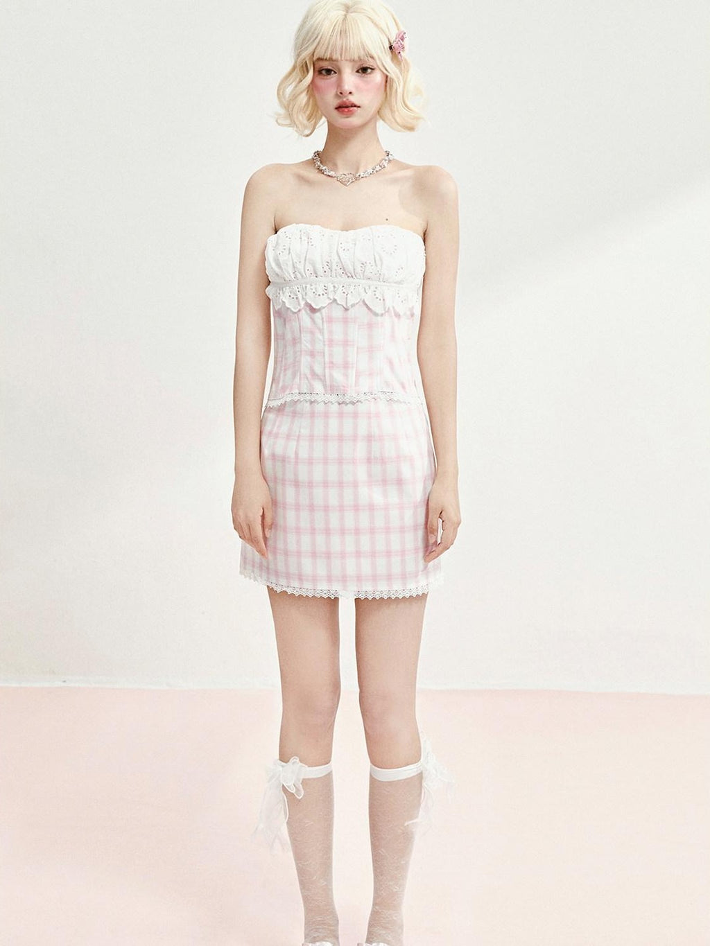 Girly Fancy Club Pink Plaid Boned Bustier Waist Cinched Lace Women's Cotton Matching Skirt Sets