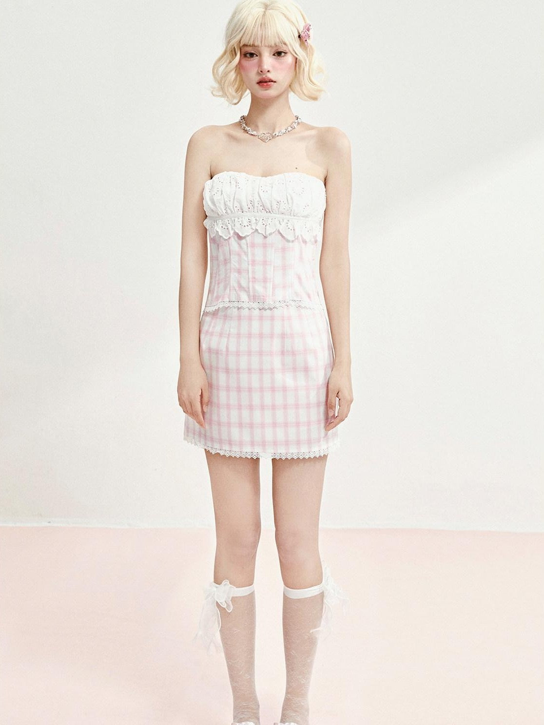 Girly Fancy Club Pink Plaid Boned Bustier Waist Cinched Lace Women's Cotton Matching Skirt Sets