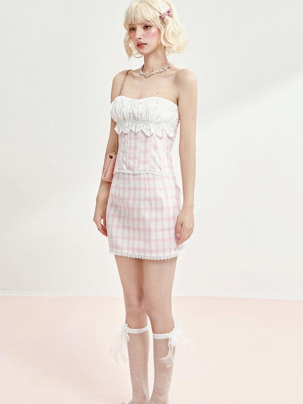 Girly Fancy Club Pink Plaid Boned Bustier Waist Cinched Lace Women's Cotton Matching Skirt Sets