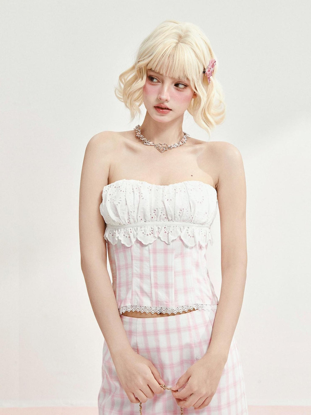 Girly Fancy Club Pink Plaid Boned Bustier Waist Cinched Lace Women's Cotton Matching Skirt Sets