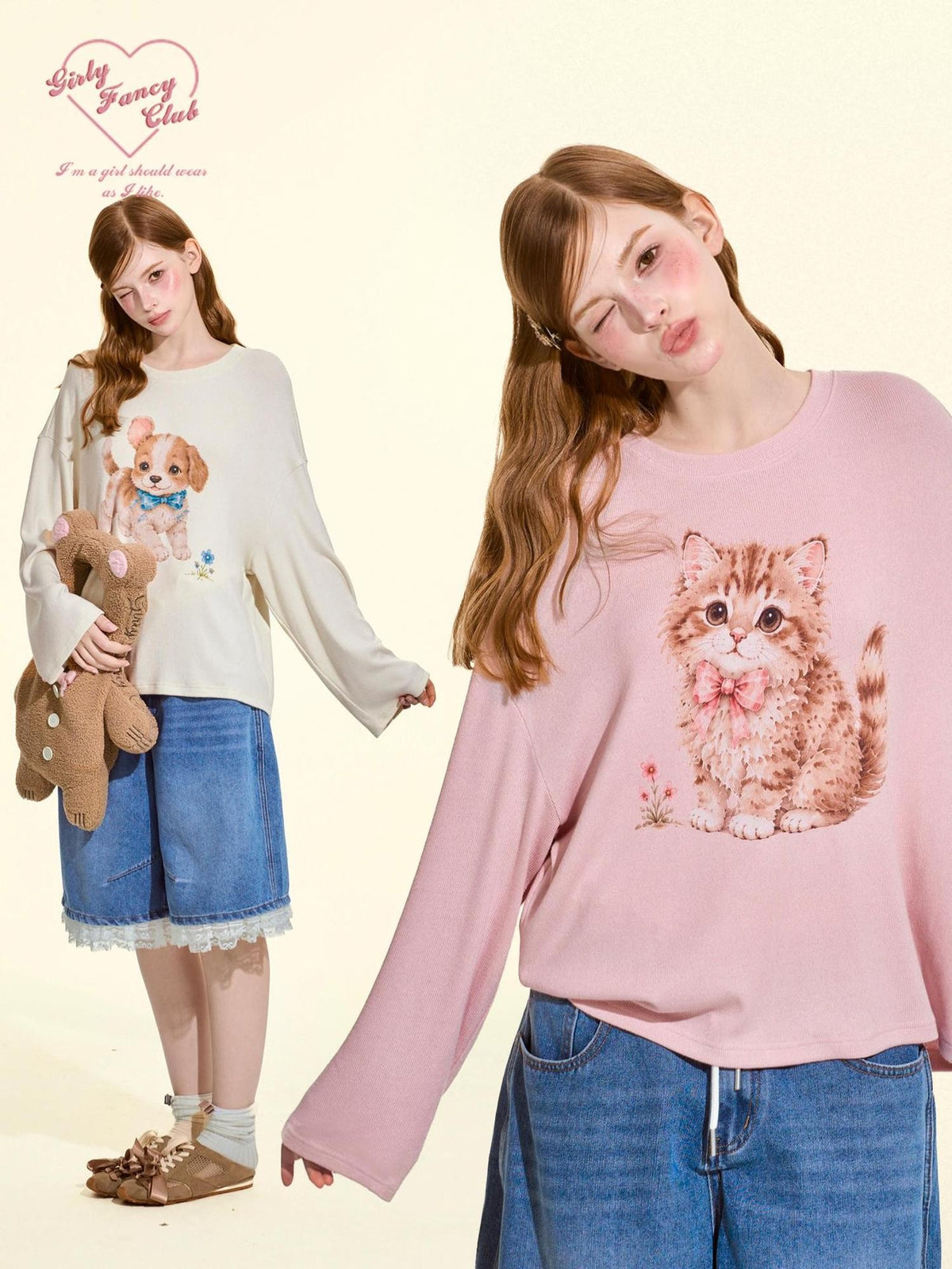 Girly Fancy Club Pink Retro Animal Print Loose Fit Women's Long Sleeve T-shirts