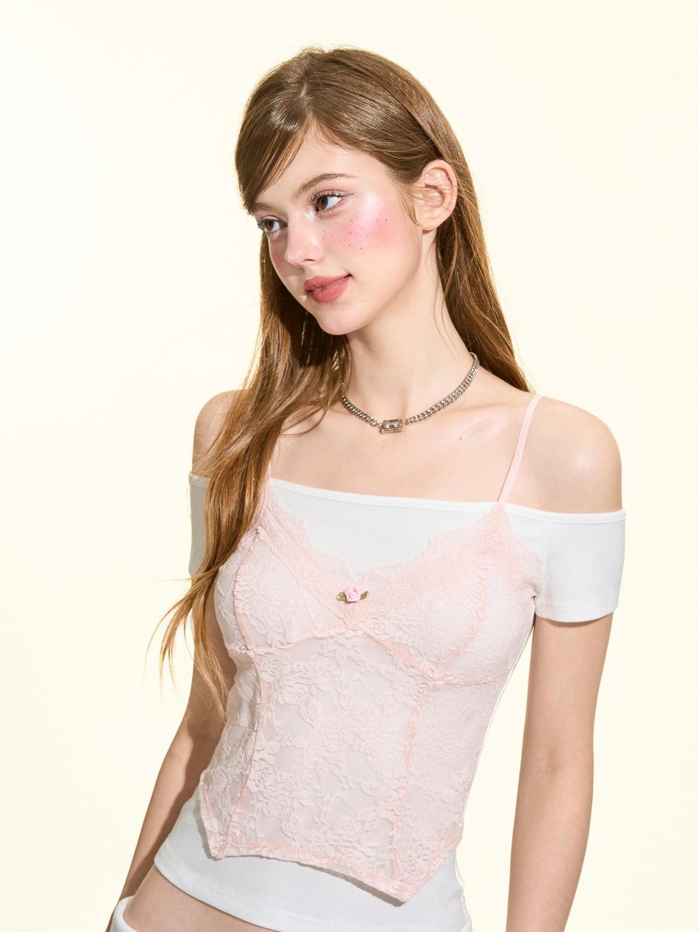 Girly Fancy Club Pink White Lace Trim Faux Layered Women's Rayon Off-shoulder T-shirts