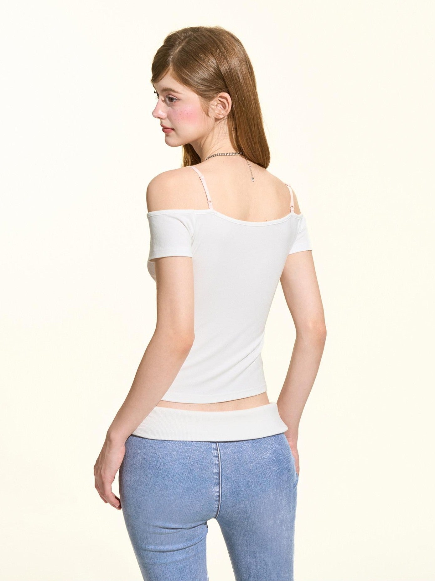 Girly Fancy Club Pink White Lace Trim Faux Layered Women's Rayon Off-shoulder T-shirts