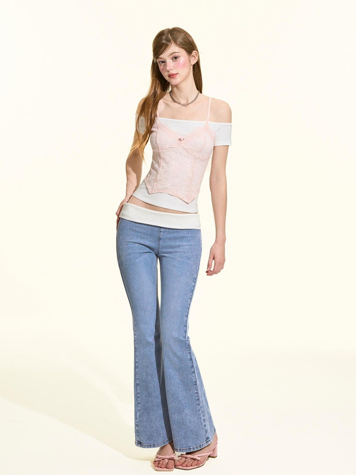 Girly Fancy Club Pink White Lace Trim Faux Layered Women's Rayon Off-shoulder T-shirts