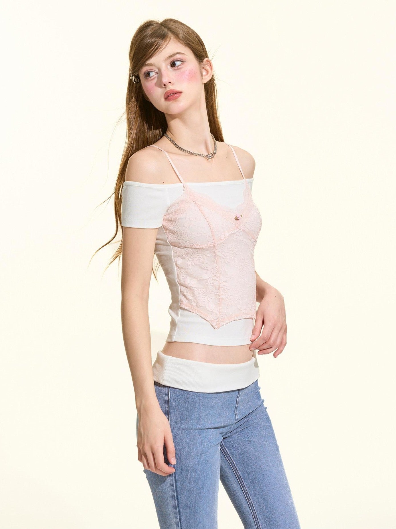 Girly Fancy Club Pink White Lace Trim Faux Layered Women's Rayon Off-shoulder T-shirts