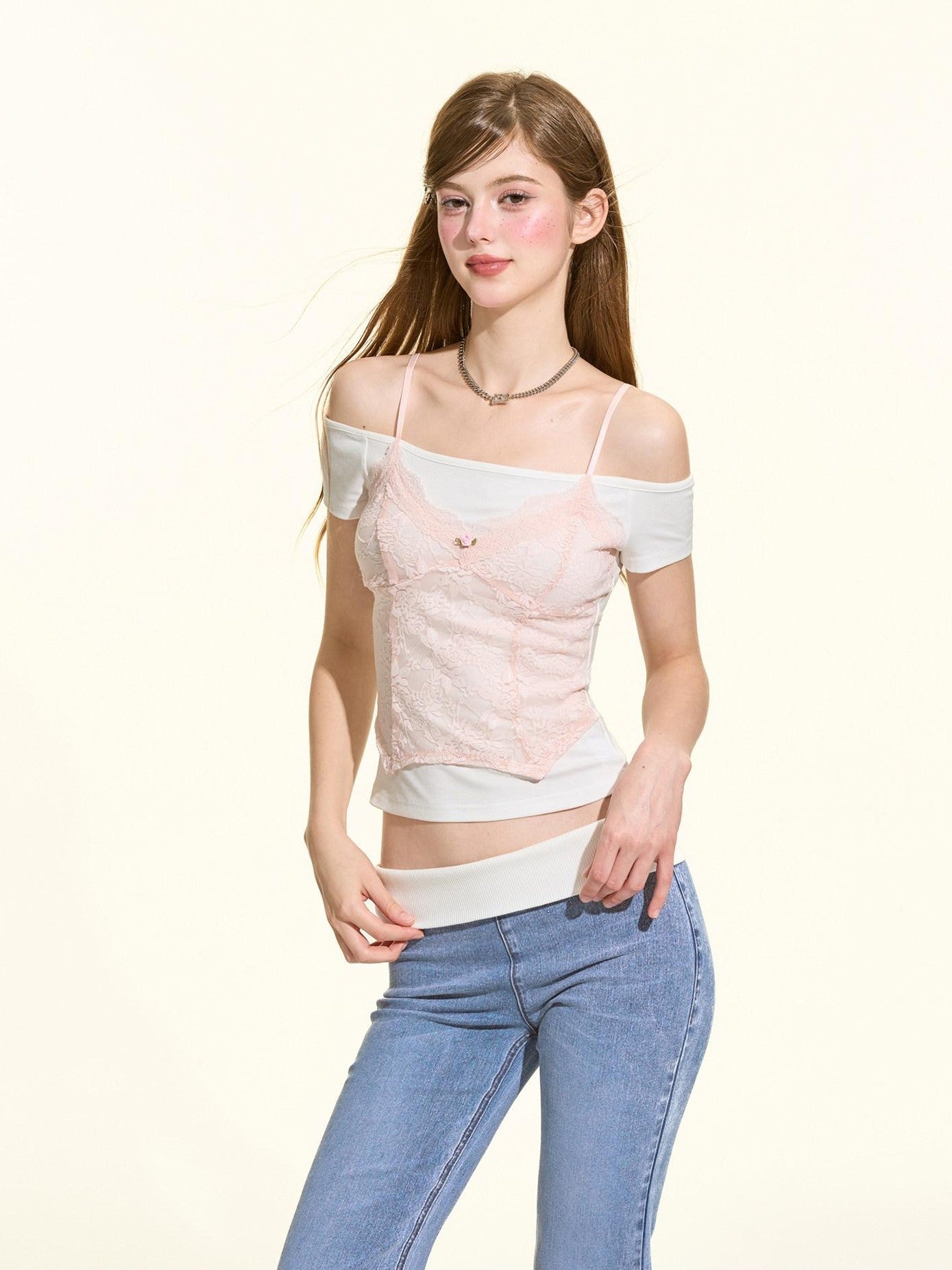 Girly Fancy Club Pink White Lace Trim Faux Layered Women's Rayon Off-shoulder T-shirts