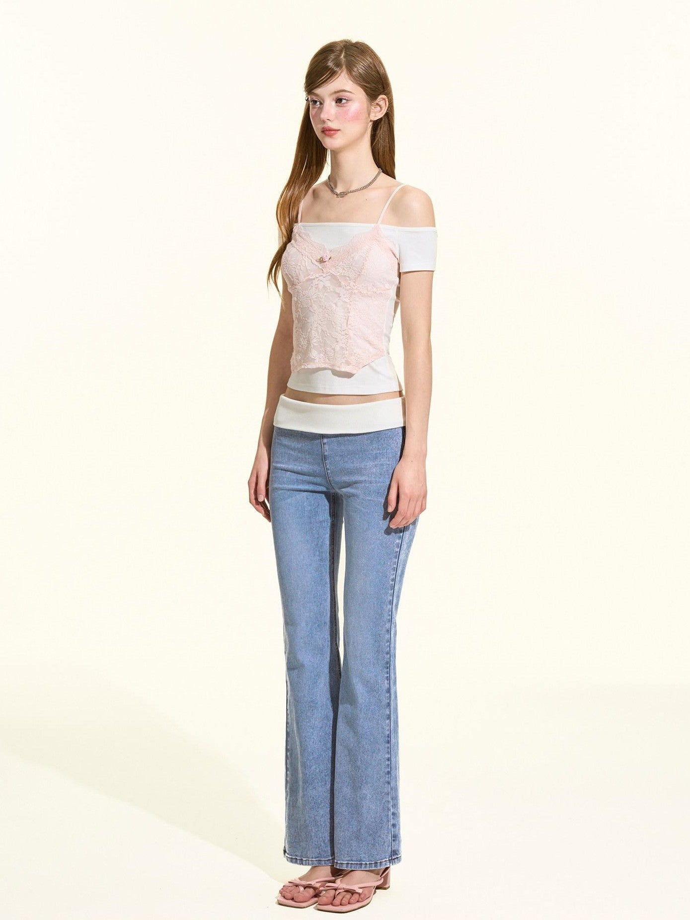 Girly Fancy Club Pink White Lace Trim Faux Layered Women's Rayon Off-shoulder T-shirts