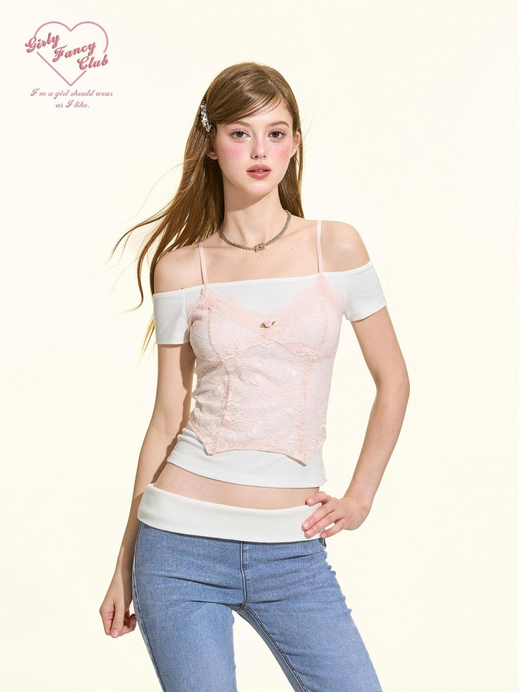 Girly Fancy Club Pink White Lace Trim Faux Layered Women's Rayon Off-shoulder T-shirts