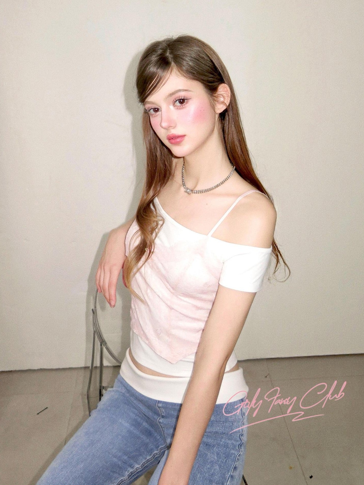 Girly Fancy Club Pink White Lace Trim Faux Layered Women's Rayon Off-shoulder T-shirts