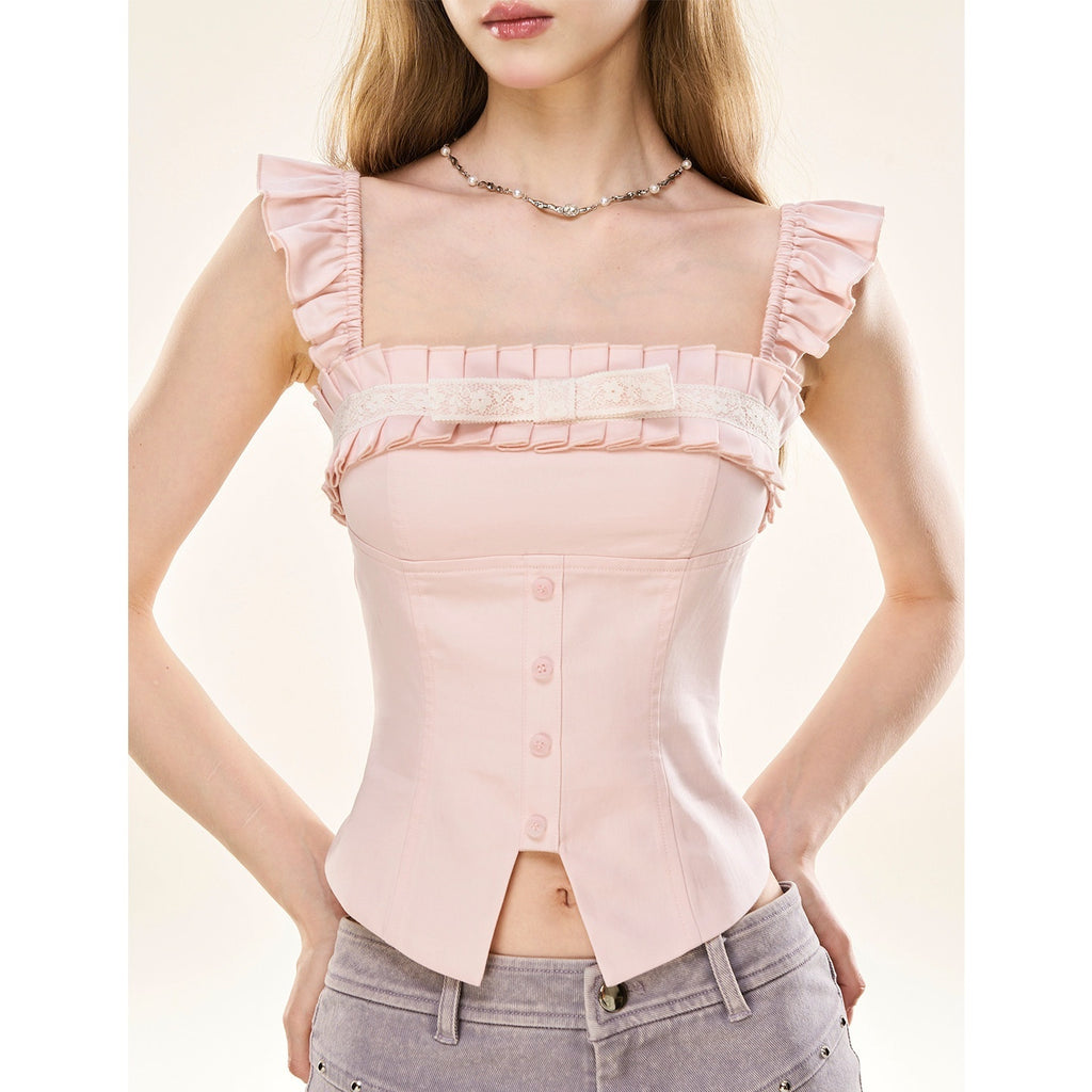 Girly_Fancy_Club_Pleated_Bow_Ruffle_Square_Neck_Women's_Tencel_Linen_Cropped_Camisoles_1045605712624_MISSTT