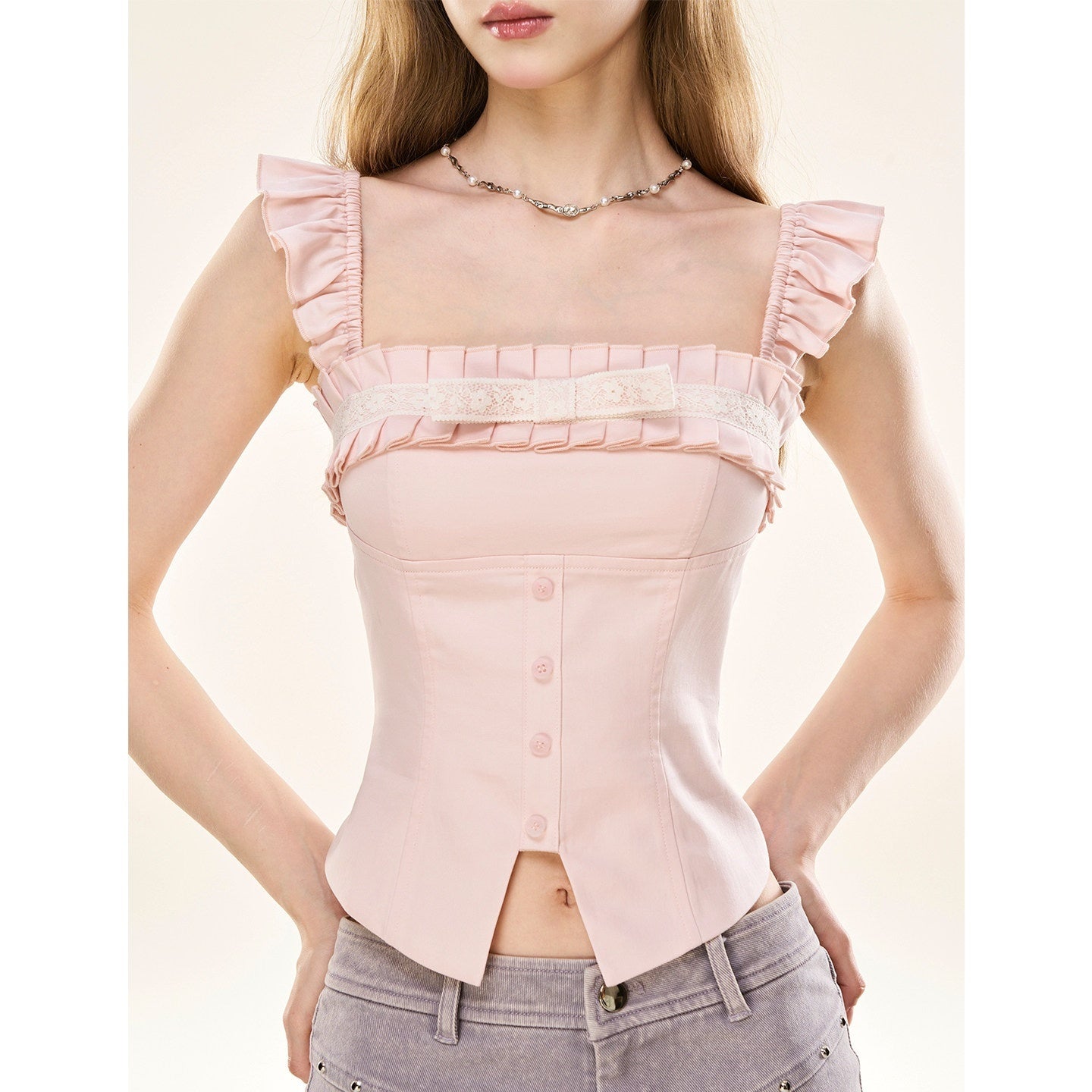 Girly_Fancy_Club_Pleated_Bow_Ruffle_Square_Neck_Women's_Tencel_Linen_Cropped_Camisoles_1045605712624_MISSTT