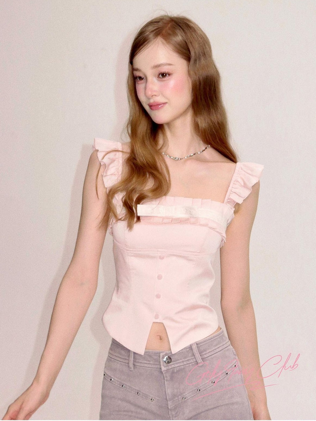 Girly Fancy Club Pleated Bow Ruffle Square Neck Women's Tencel Linen Cropped Camisoles