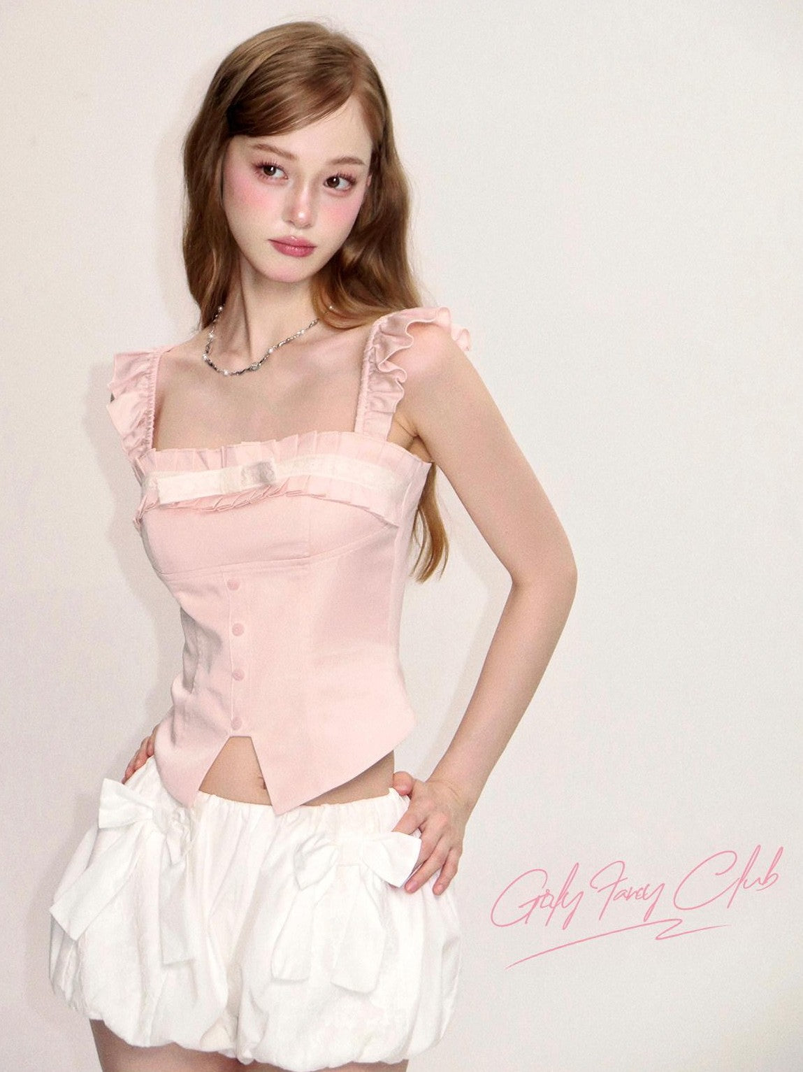 Girly Fancy Club Pleated Bow Ruffle Square Neck Women's Tencel Linen Cropped Camisoles