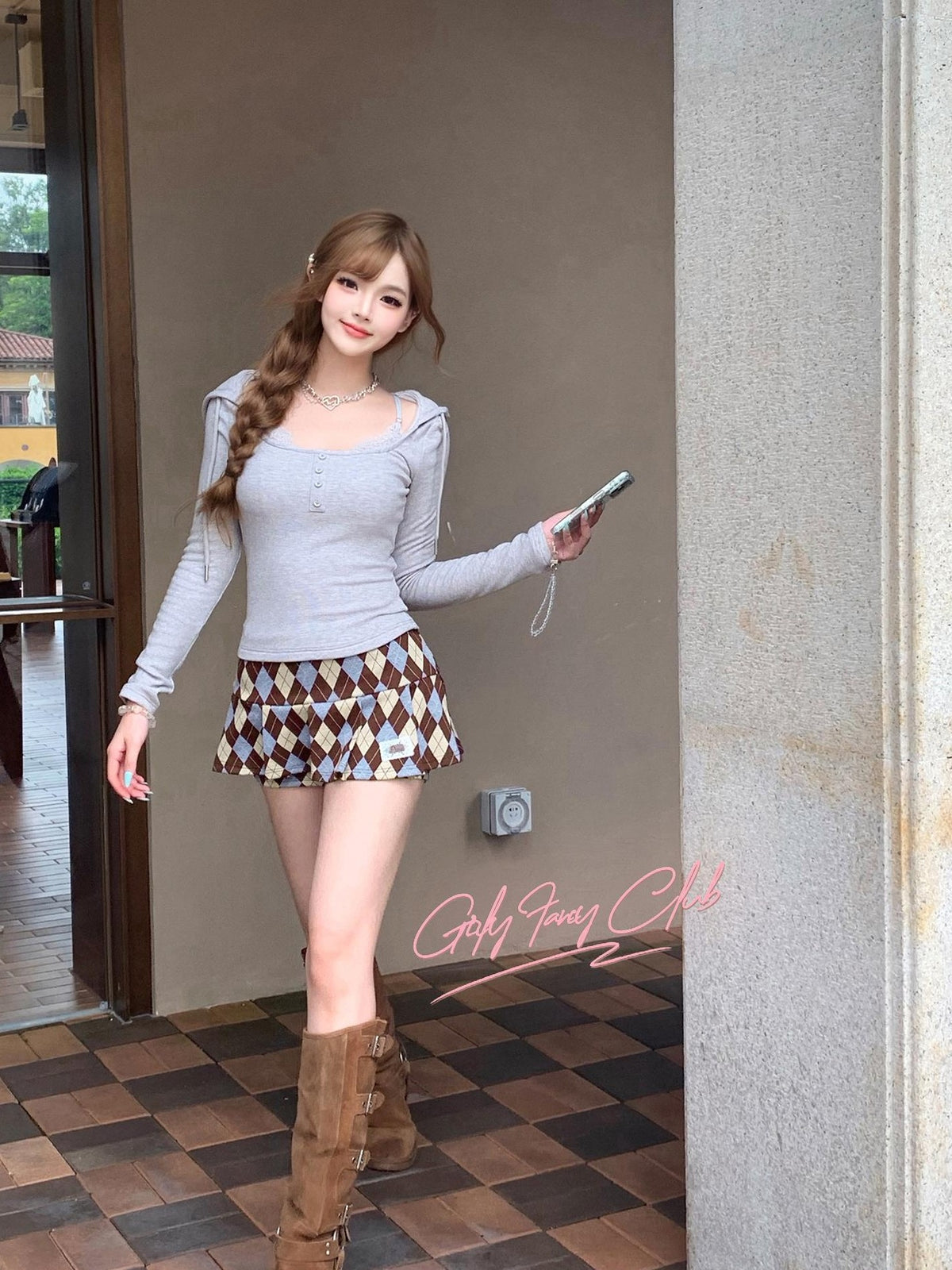 Girly Fancy Club Pleated Plaid A Line Knit Women's Mini Skirts