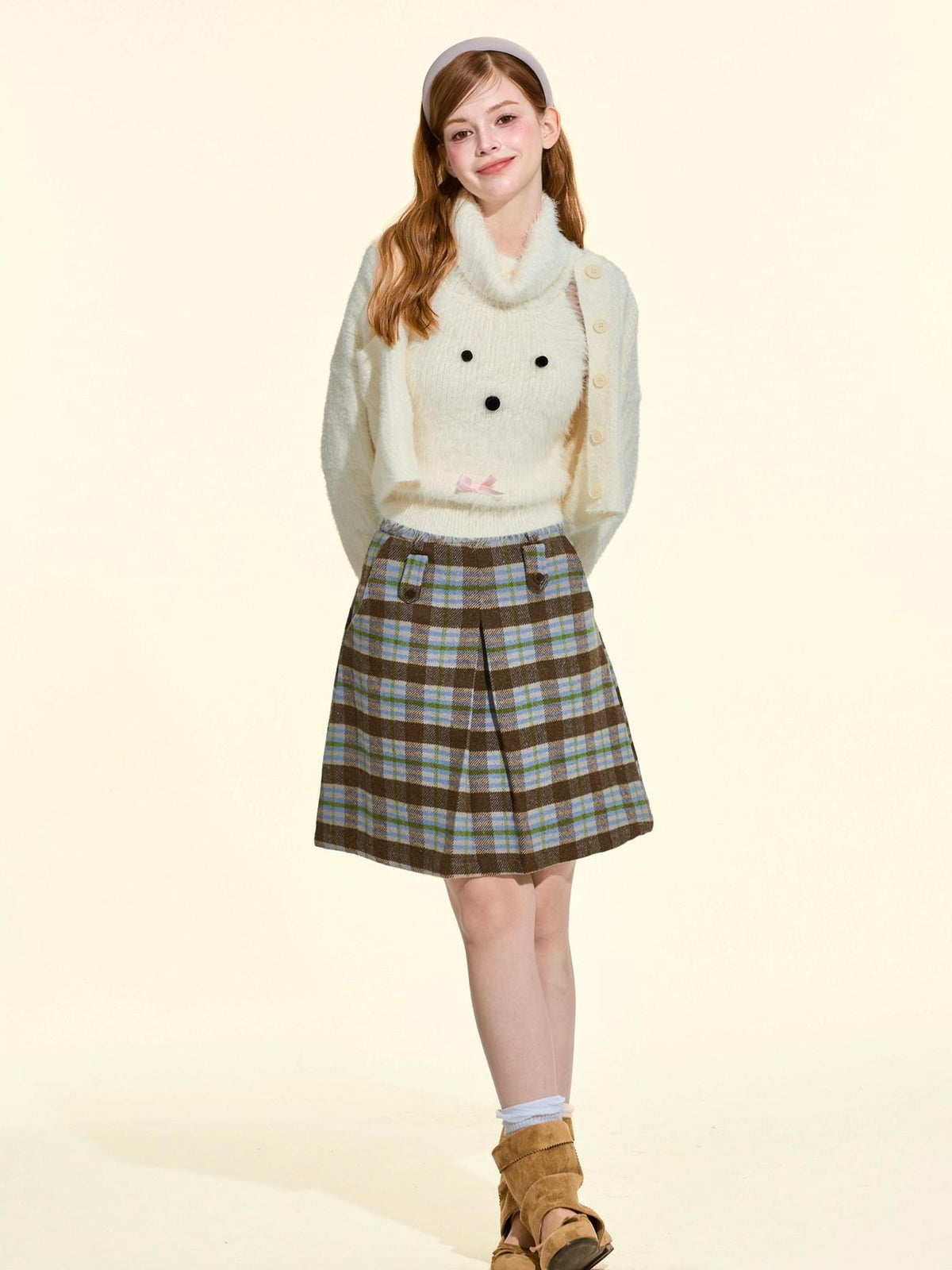 Girly Fancy Club Pleated Plaid A Line Thick Wool Blend Women's Midi Skirts