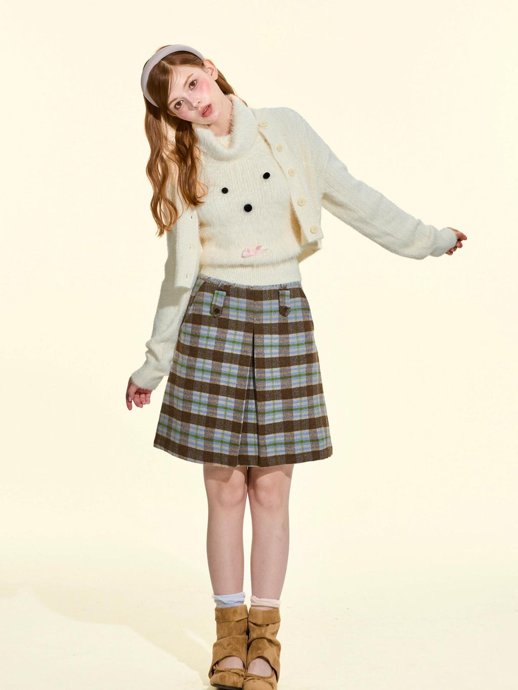 Girly Fancy Club Pleated Plaid A Line Thick Wool Blend Women's Midi Skirts