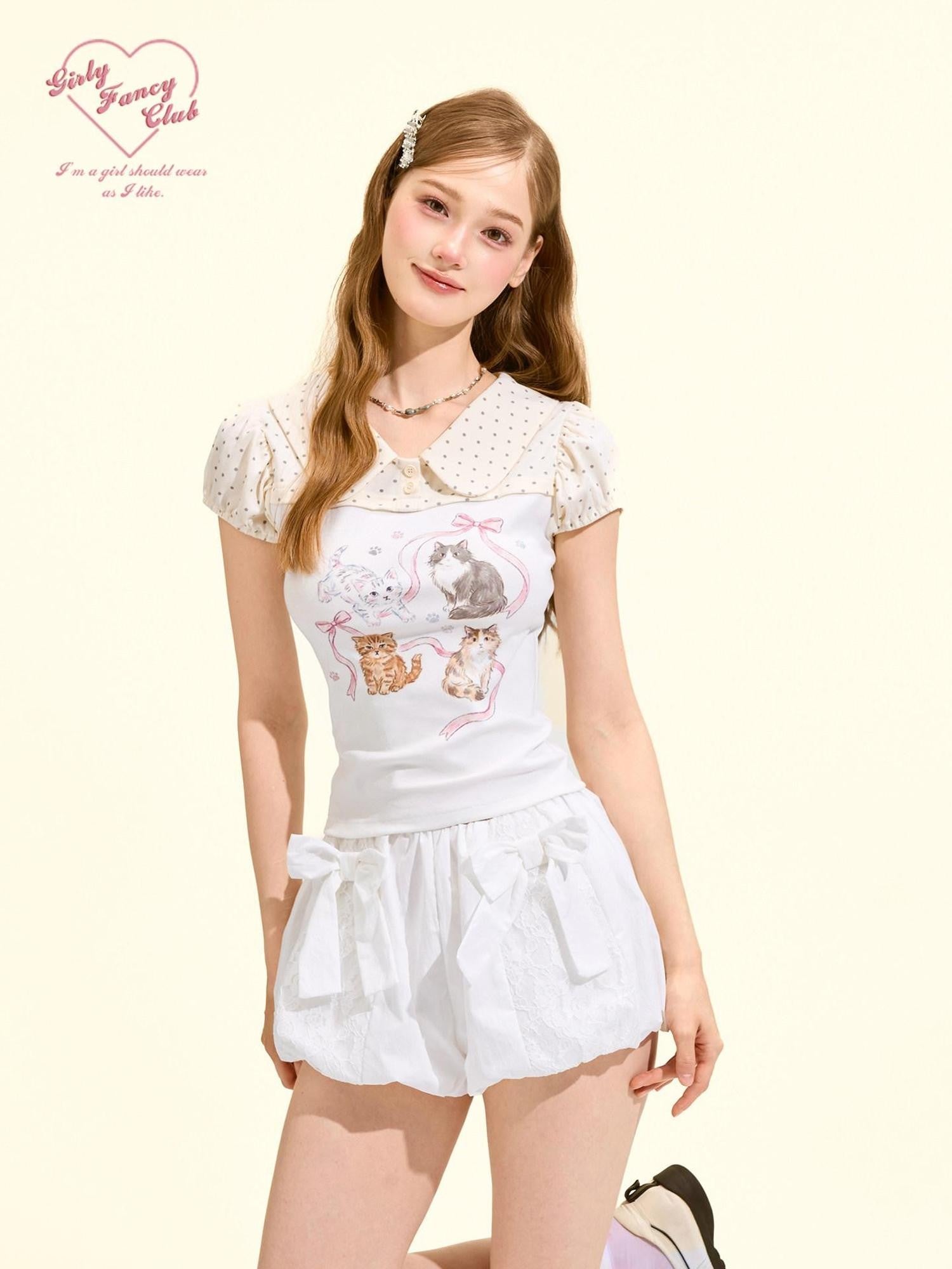 Girly Fancy Club Polka Dot Patchwork Doll Collar Cat Print Women's Puff Sleeve Graphic T-shirts