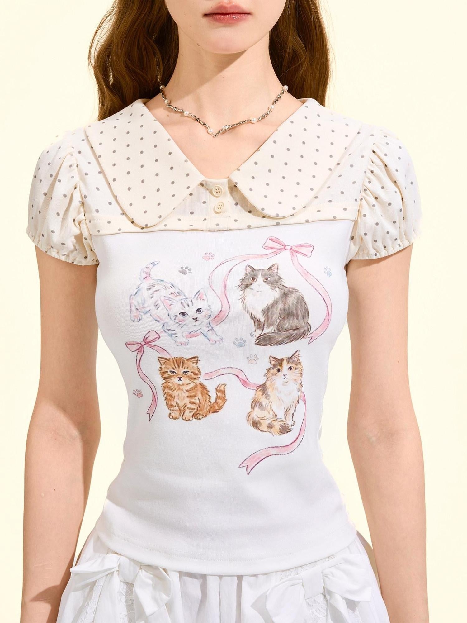 Girly Fancy Club Polka Dot Patchwork Doll Collar Cat Print Women's Puff Sleeve Graphic T-shirts