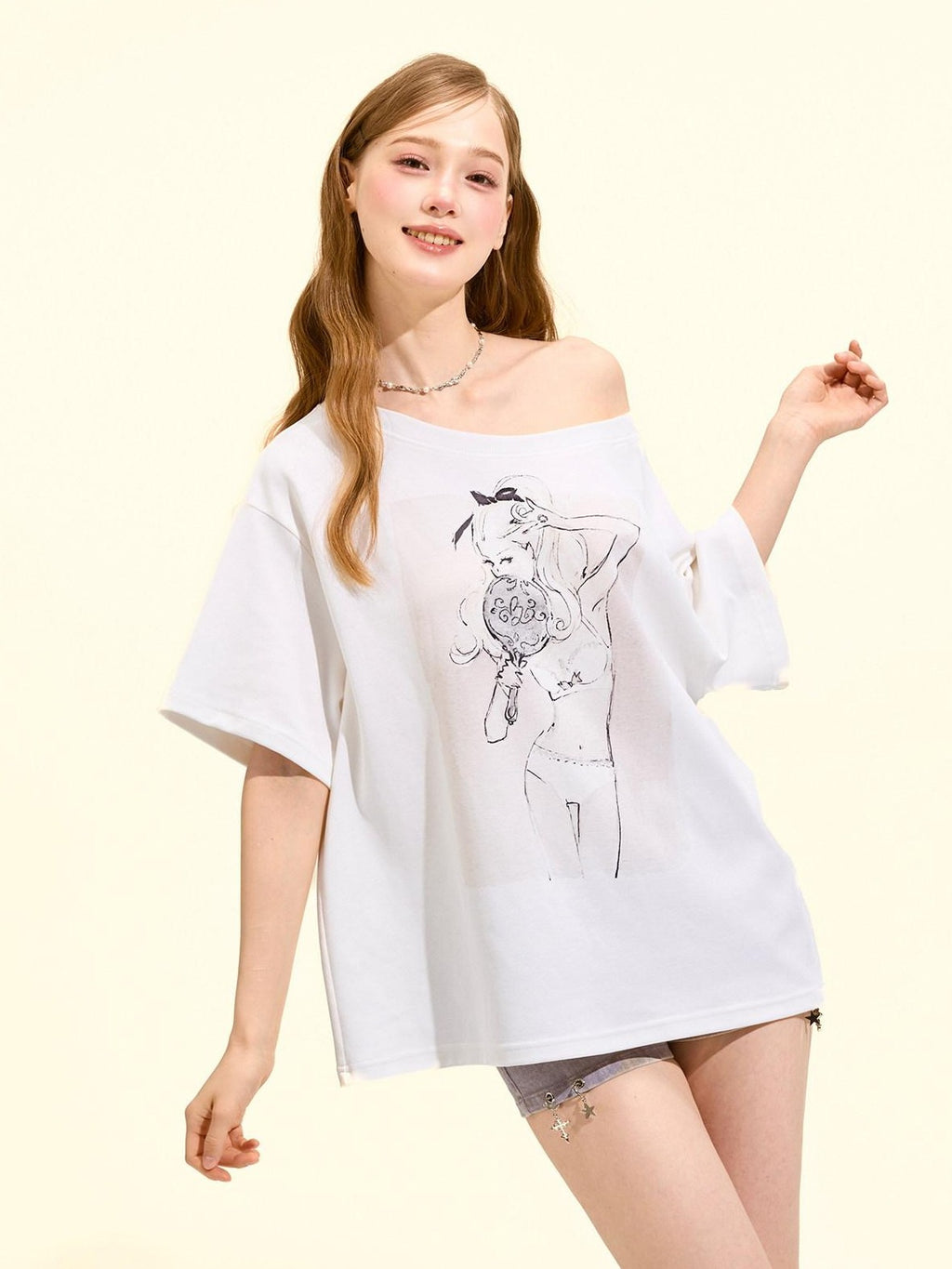 Girly Fancy Club Printed Asymmetric Shoulder Women's Cotton Blend Oversized T-shirts