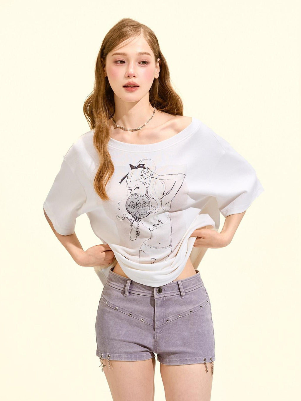 Girly Fancy Club Printed Asymmetric Shoulder Women's Cotton Blend Oversized T-shirts