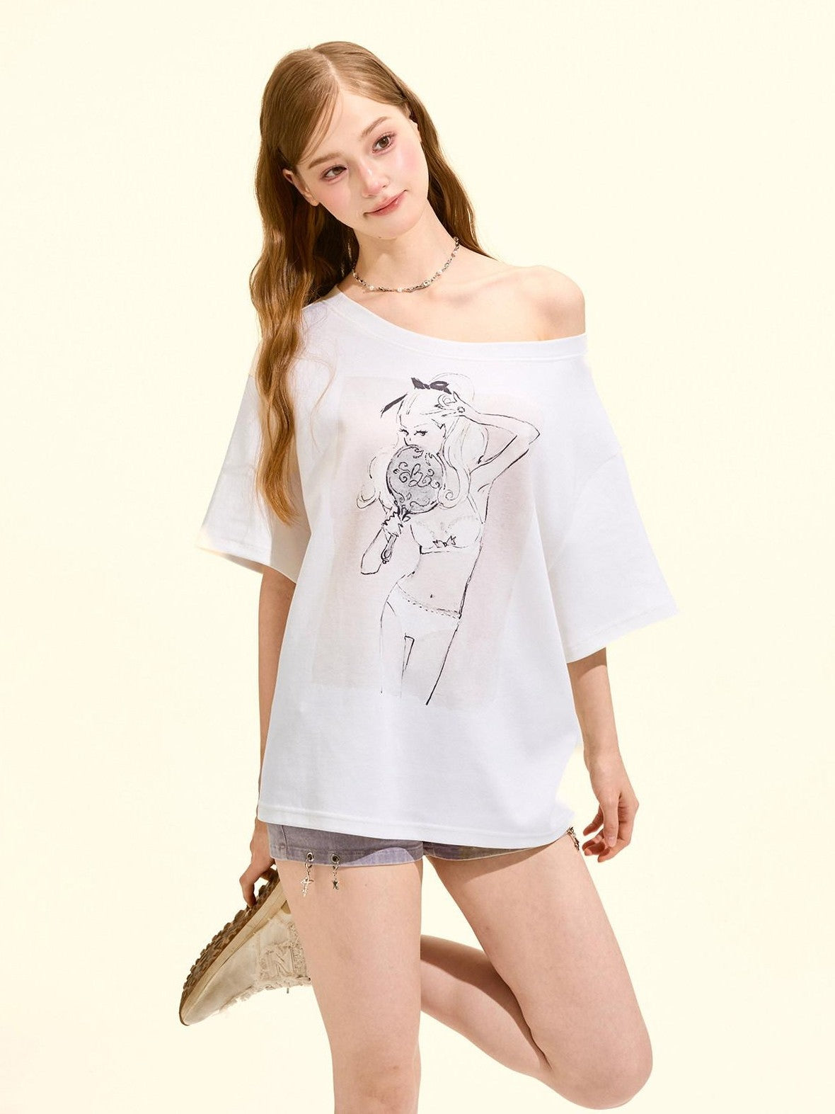 Girly Fancy Club Printed Asymmetric Shoulder Women's Cotton Blend Oversized T-shirts