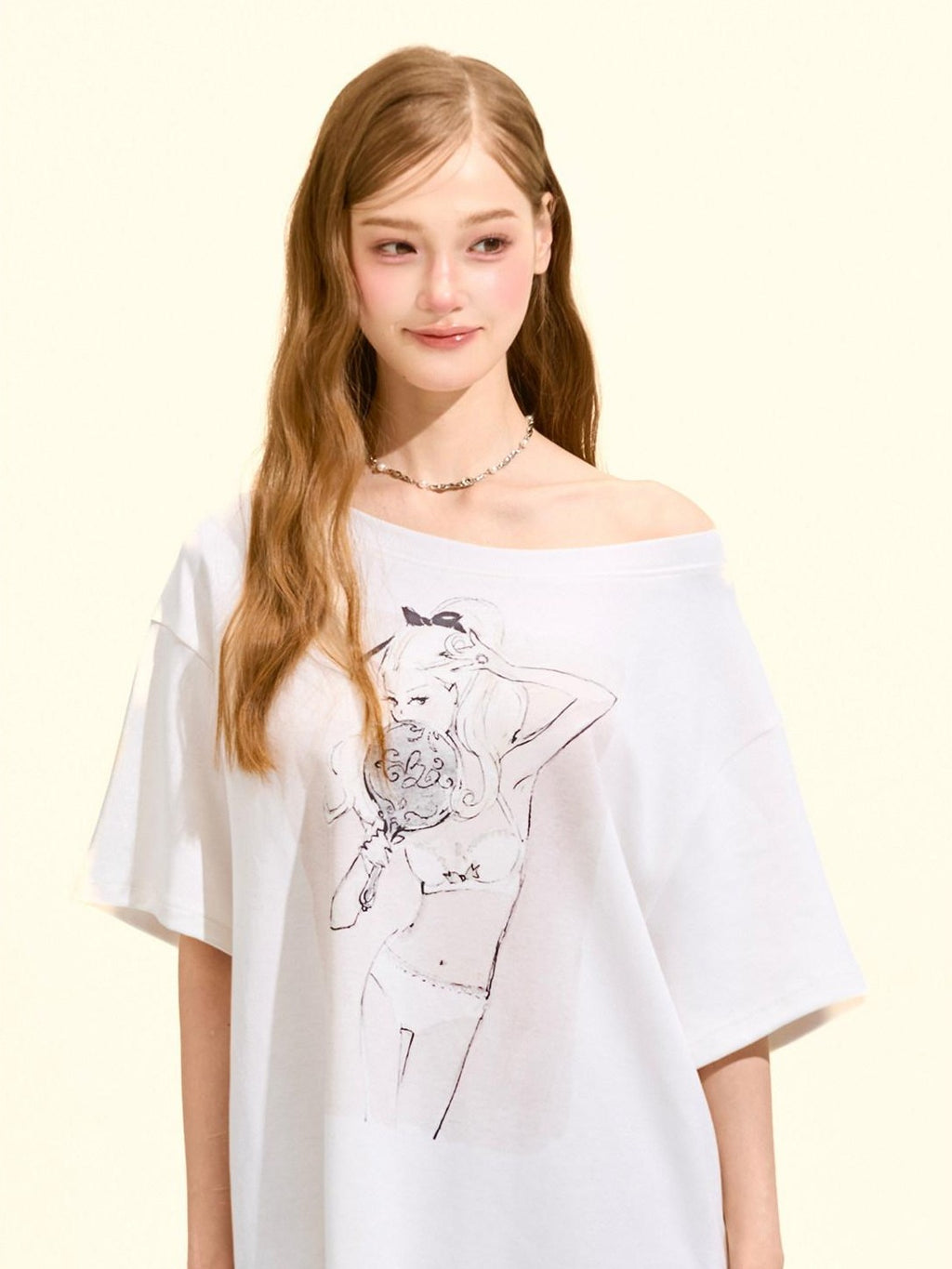 Girly Fancy Club Printed Asymmetric Shoulder Women's Cotton Blend Oversized T-shirts