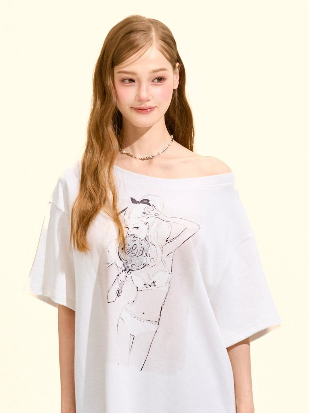Girly Fancy Club Printed Asymmetric Shoulder Women's Cotton Blend Oversized T-shirts
