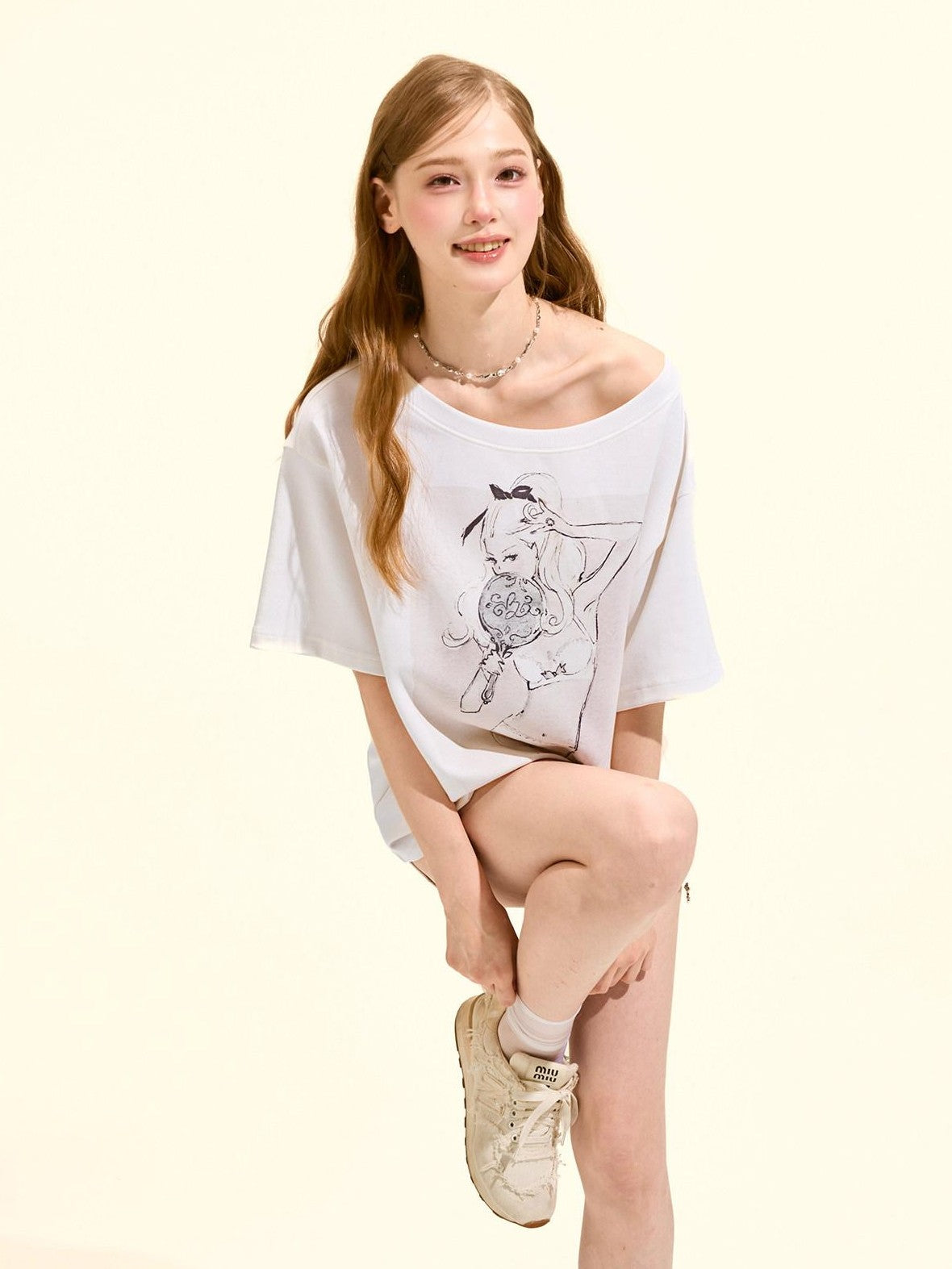Girly Fancy Club Printed Asymmetric Shoulder Women's Cotton Blend Oversized T-shirts