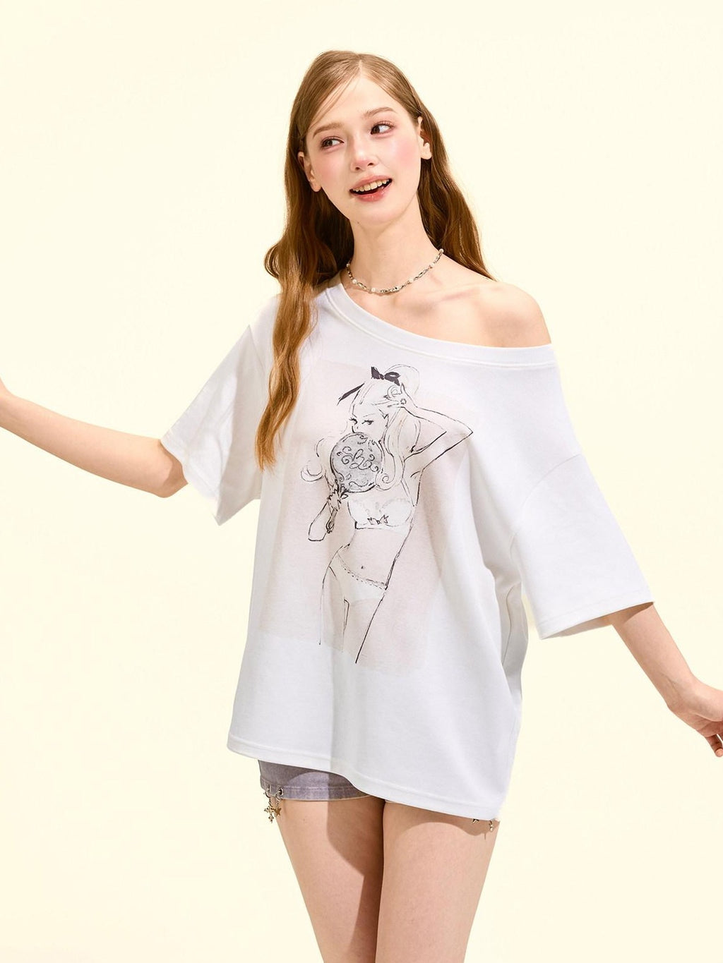 Girly Fancy Club Printed Asymmetric Shoulder Women's Cotton Blend Oversized T-shirts